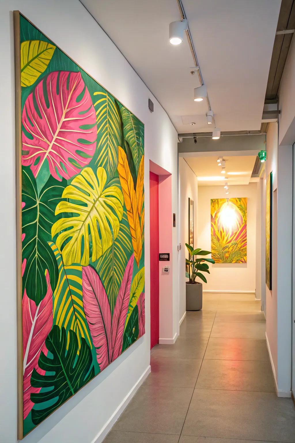A fresh artistic pop representation painting of tropical leaves enlivens the hallway.