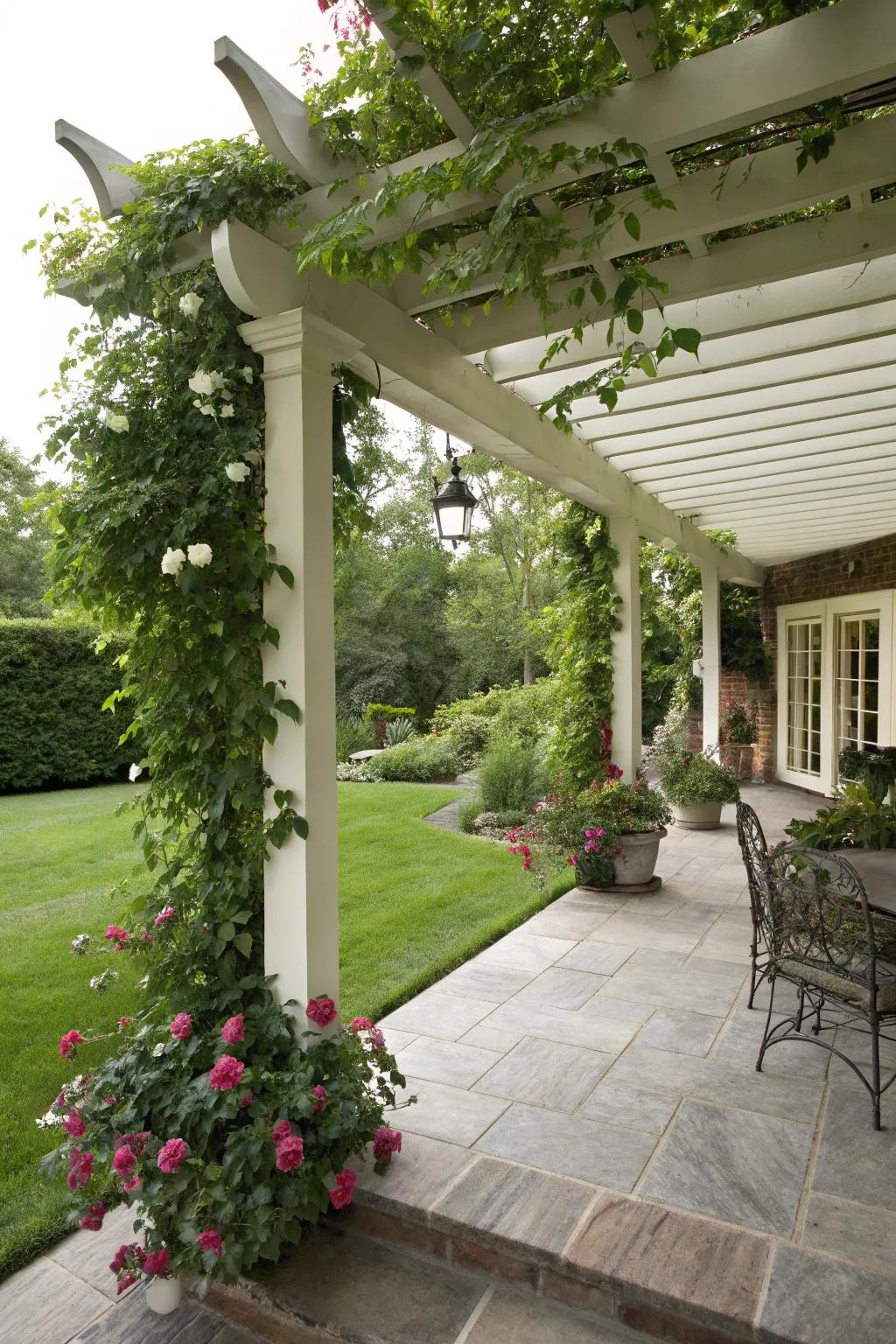 A porch expansion with a chic pergola and climbing plants.
