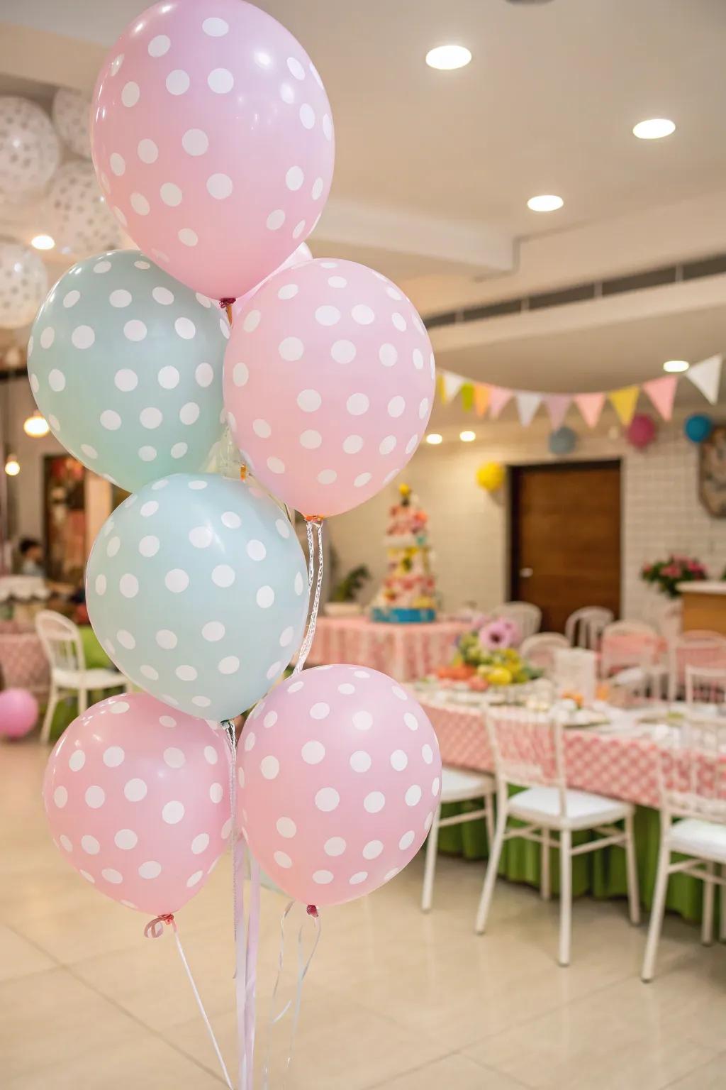 Dotted balloons adding a cheerful twist to the vintage decor.