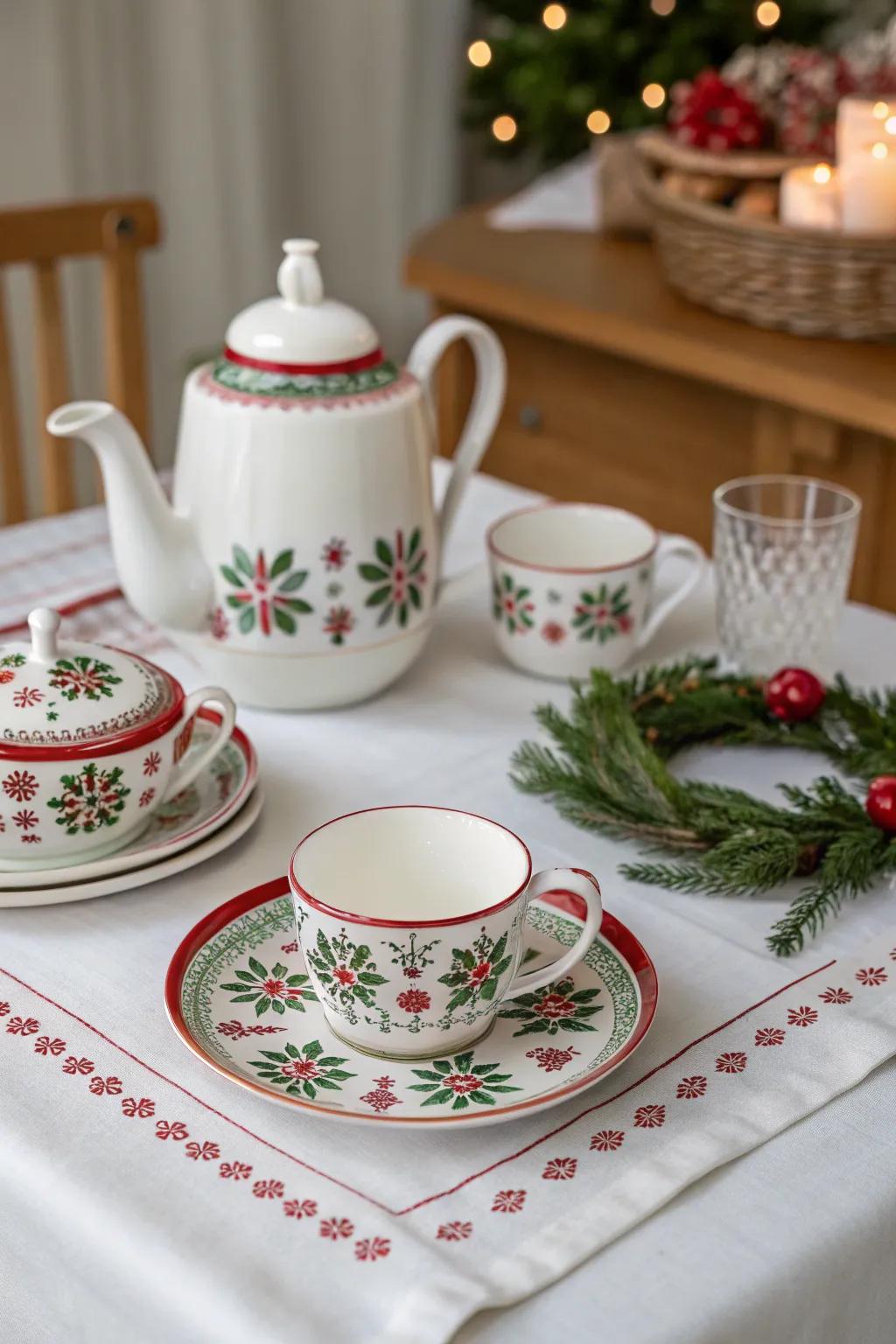 A charming holiday tea set enhances cozy times during the season.