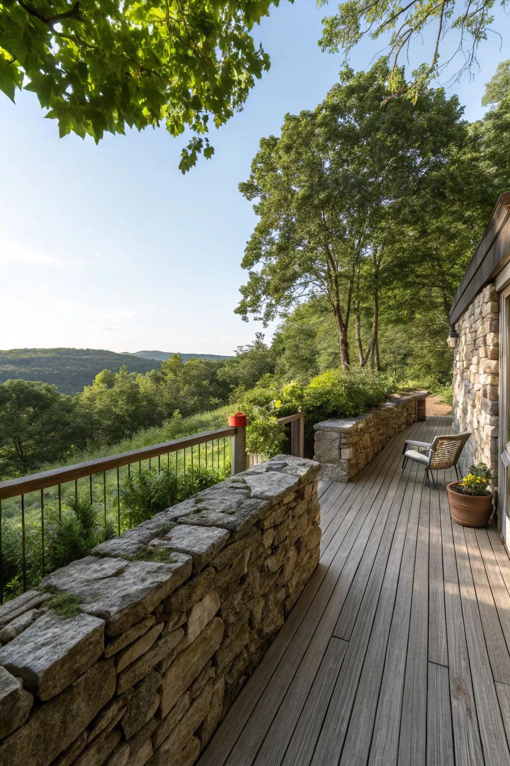 A countryside stone wall injects seclusion and allure into a deck.