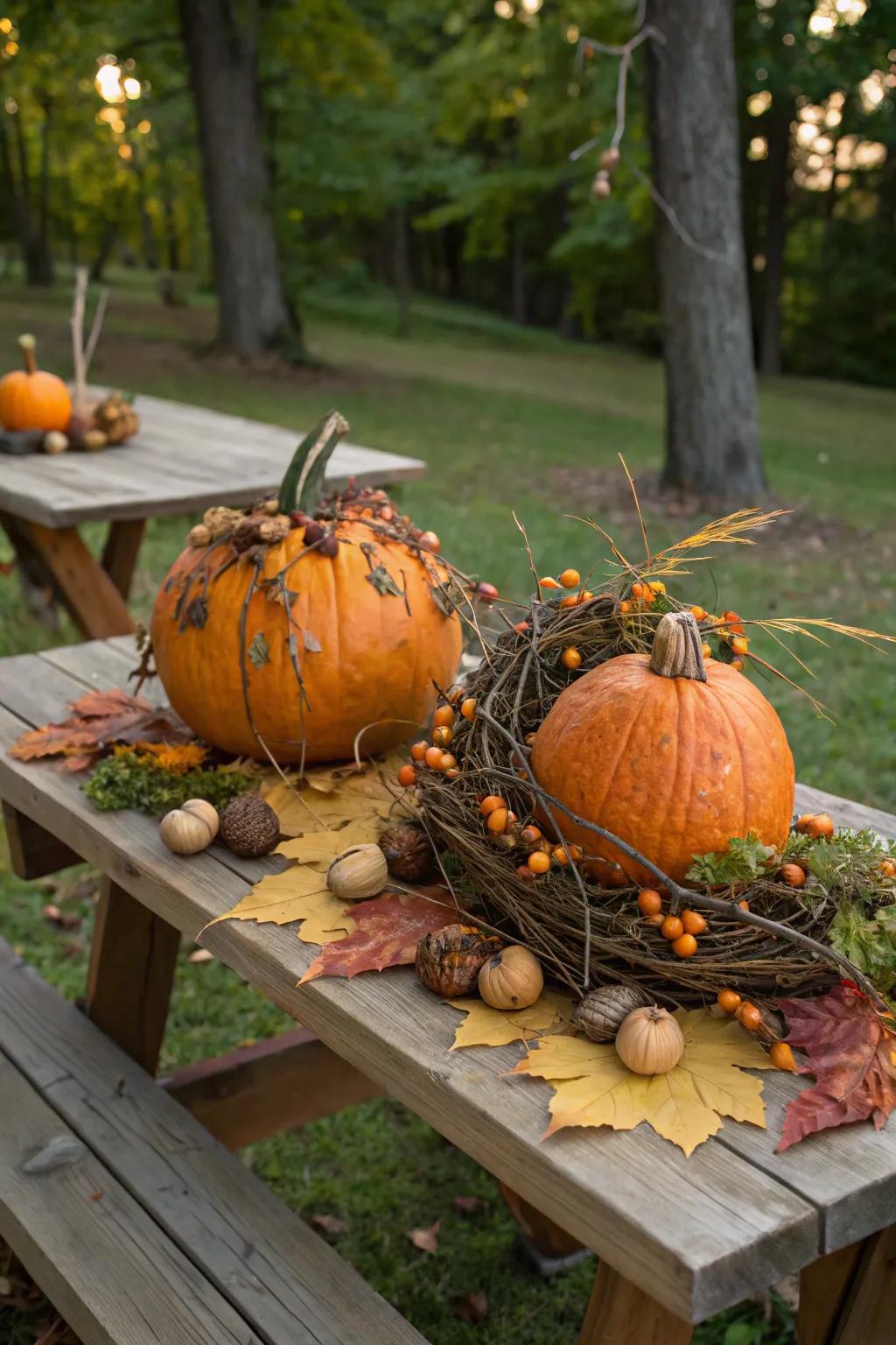 Wilderness-themed pumpkins with a countryside charm.