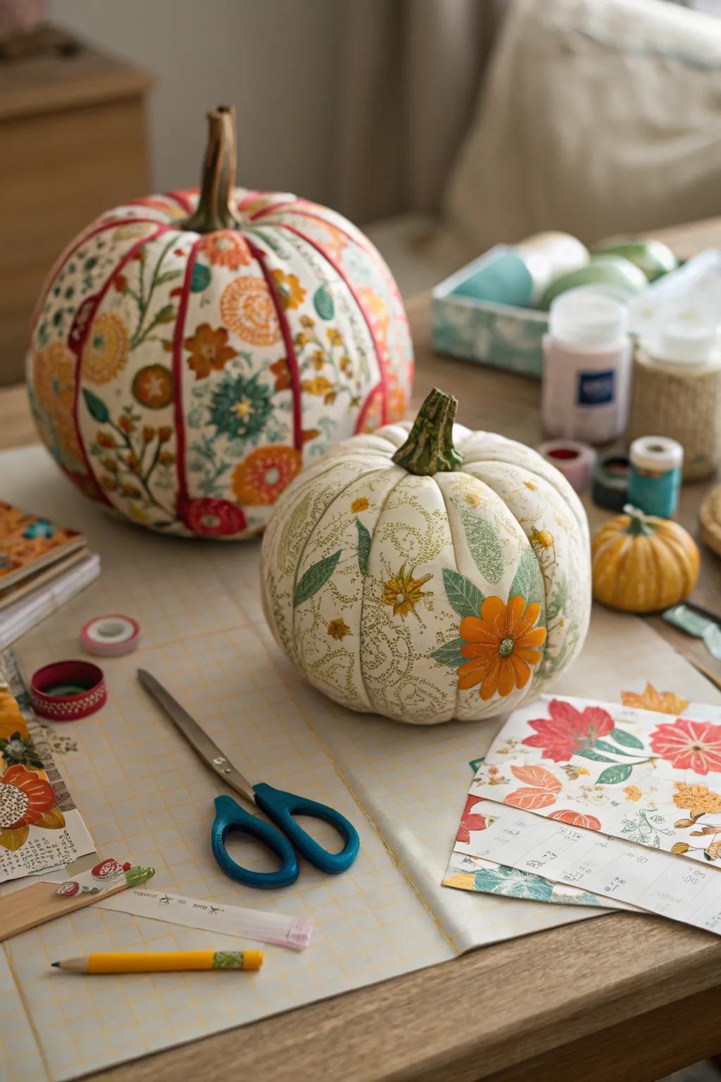 Decoupage pumpkins showing off a patchwork of colors.