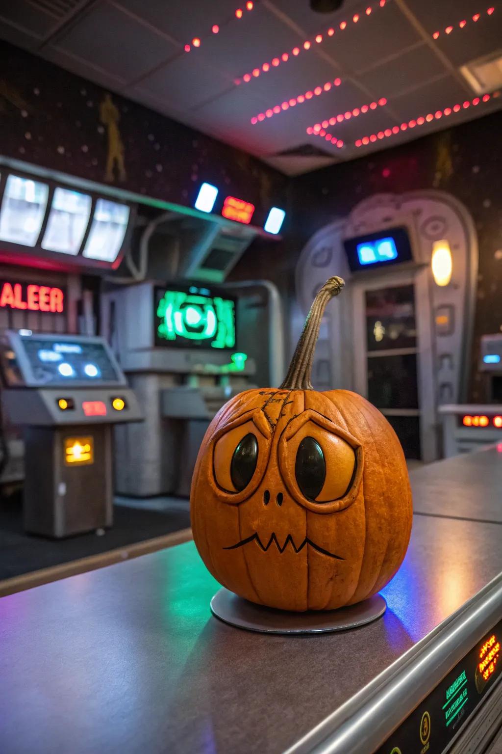 An eccentric extraterrestrial pumpkin injecting otherworldly fun into Halloween decorations.