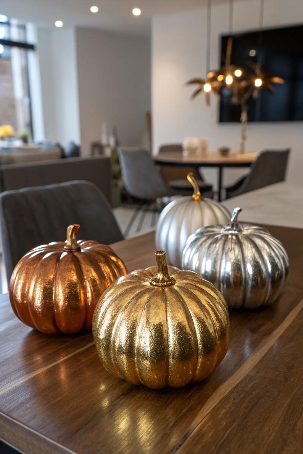 Shiny metal pumpkins giving a hint of glamor.