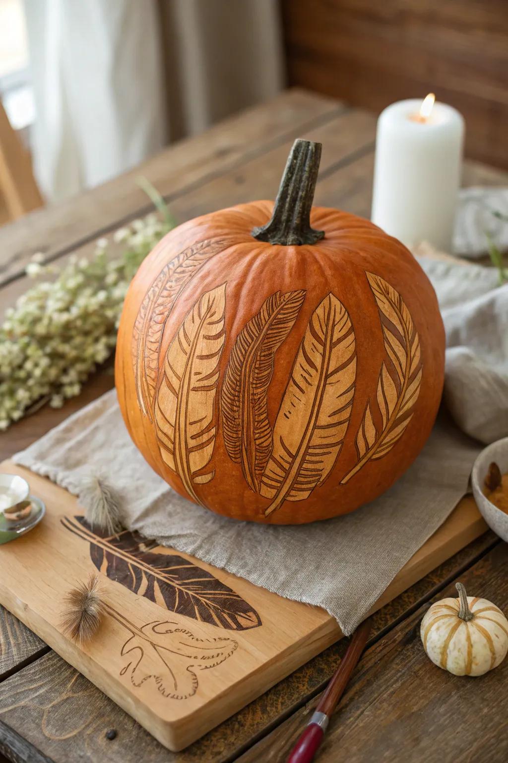 An elegantly feather-carved pumpkin design.