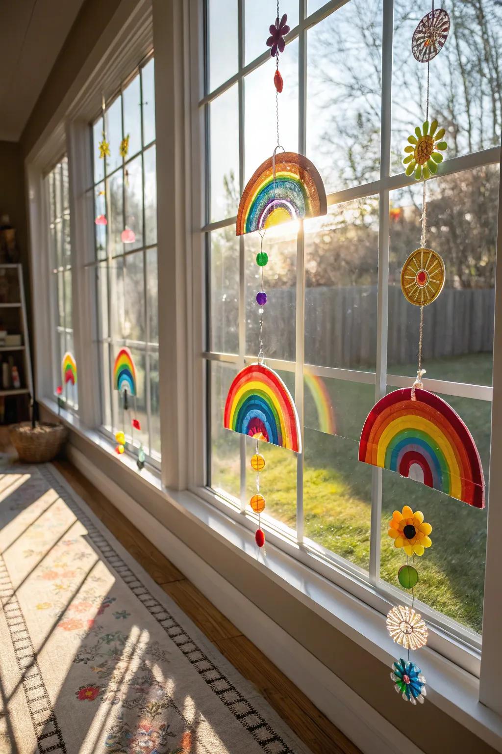 Rainbow light prisms conveying enchantment to a sunlit space.