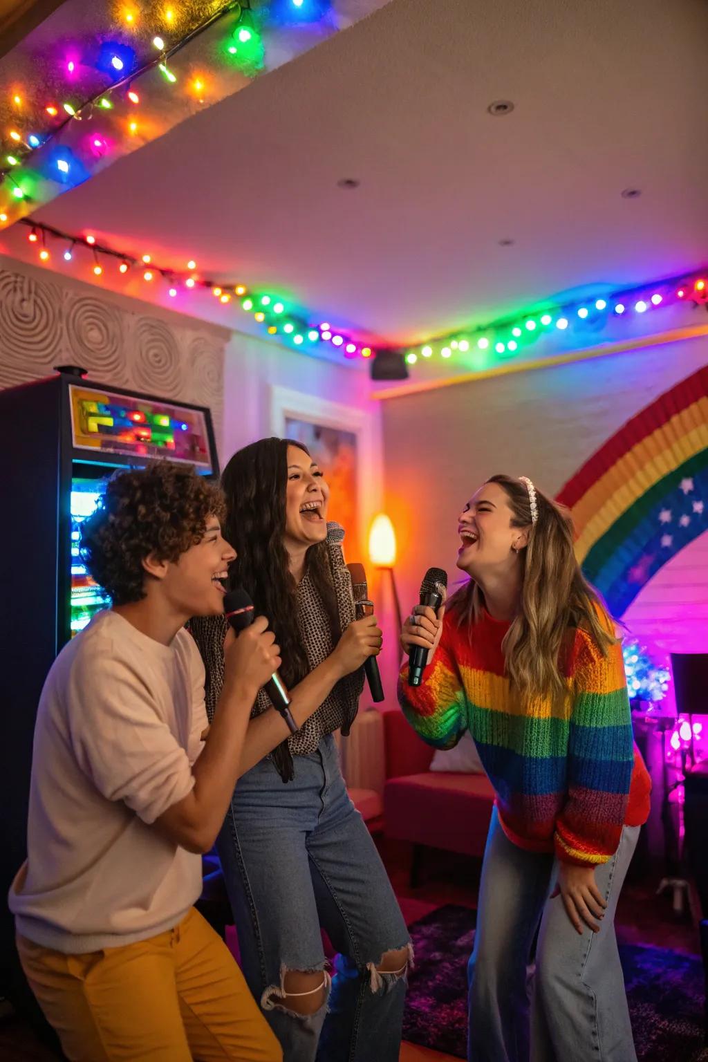 Friends busting a move at a spectral karaoke jam.