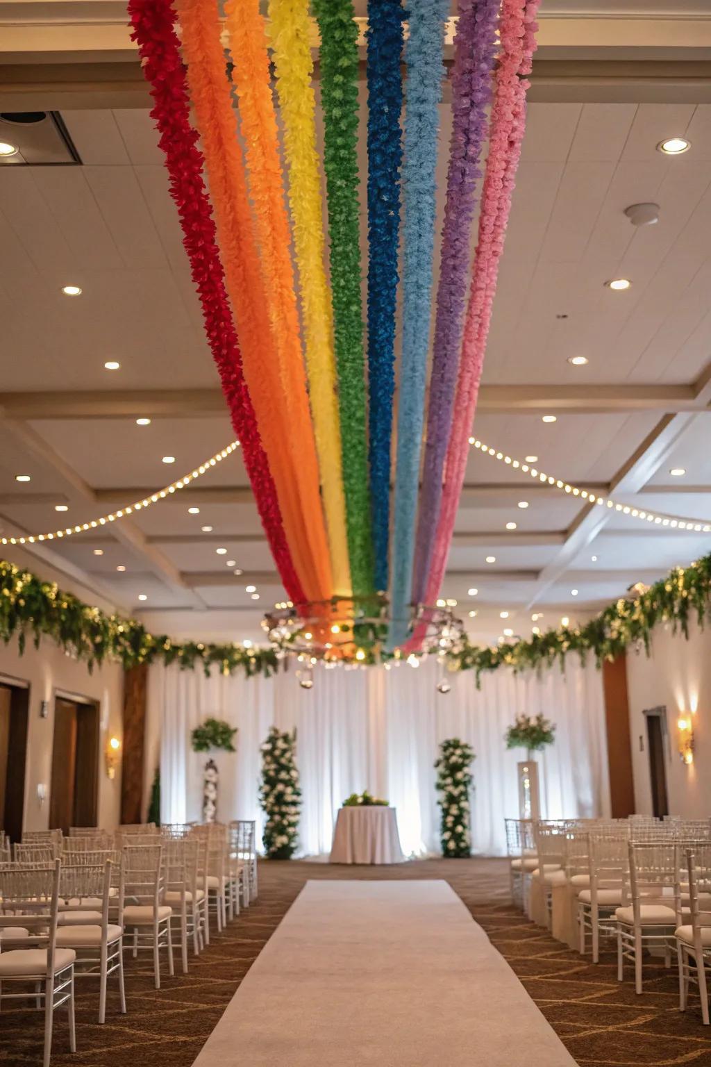 A wedding venue adorned with suspended prismatic garlands.