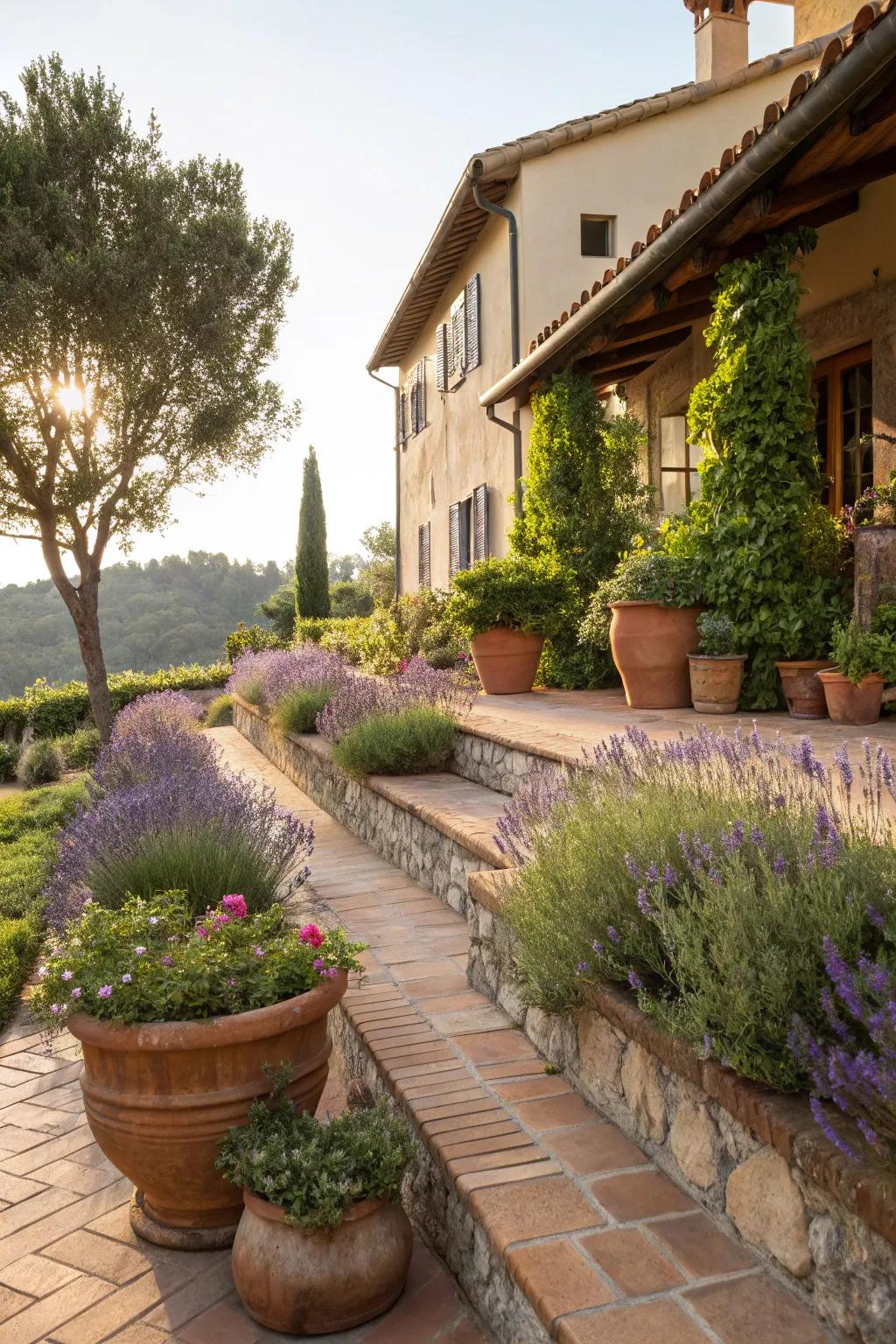 Baked clay and lavender convey Southern European warmth.