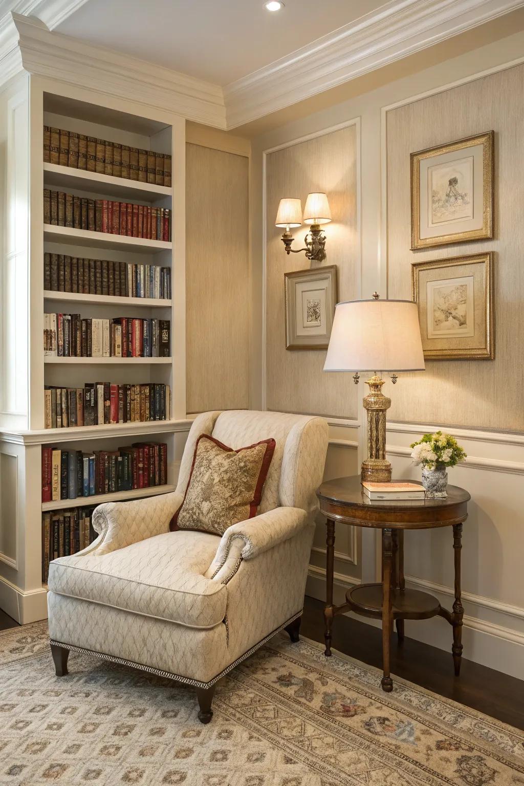 An elegant reading nook enhanced with timeless appeal.