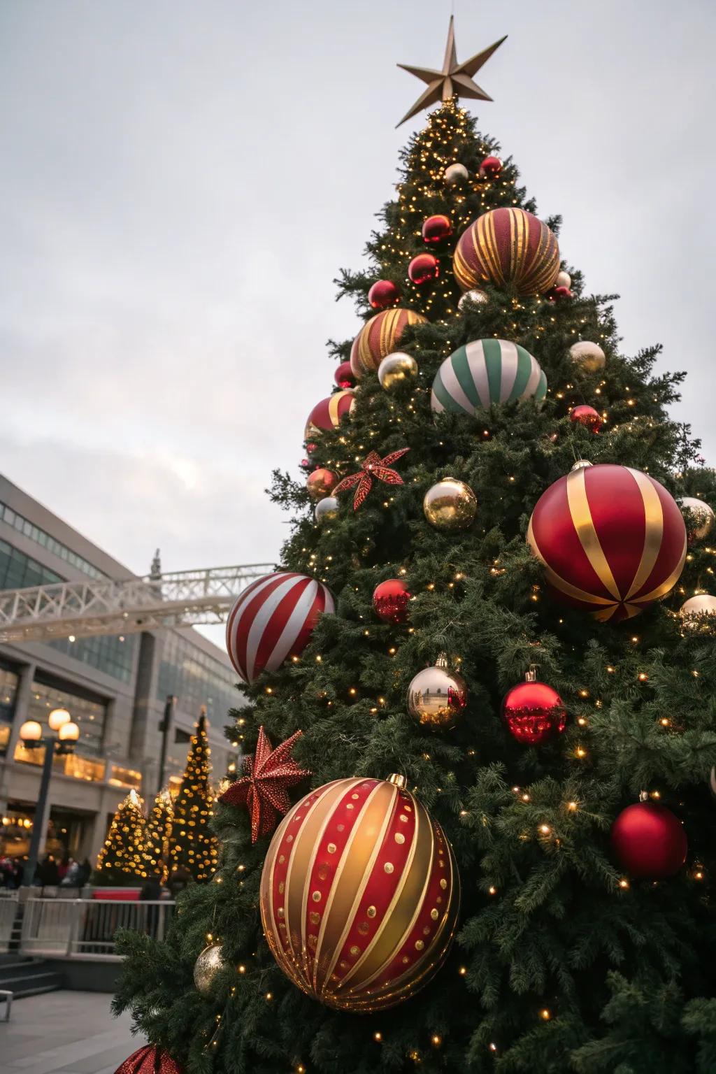 Oversized ornaments add drama and focus.