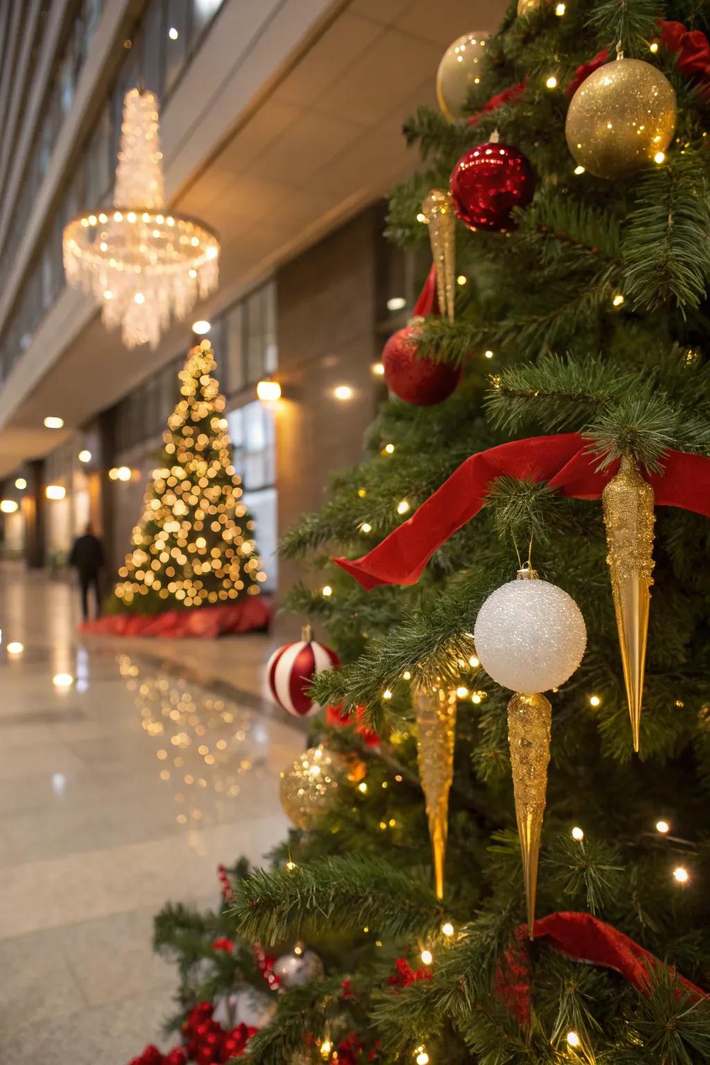 Gilded frost ornaments add a shimmering effect to the festive tree.