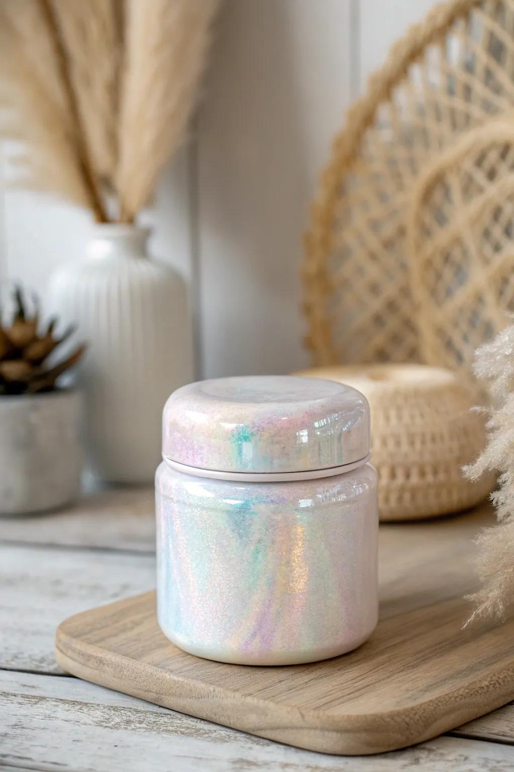 Embrace the subtle shimmer of opalescent refinement with this handmade resin bottle, flawless for incorporating a touch of minimalist sophistication to any space.