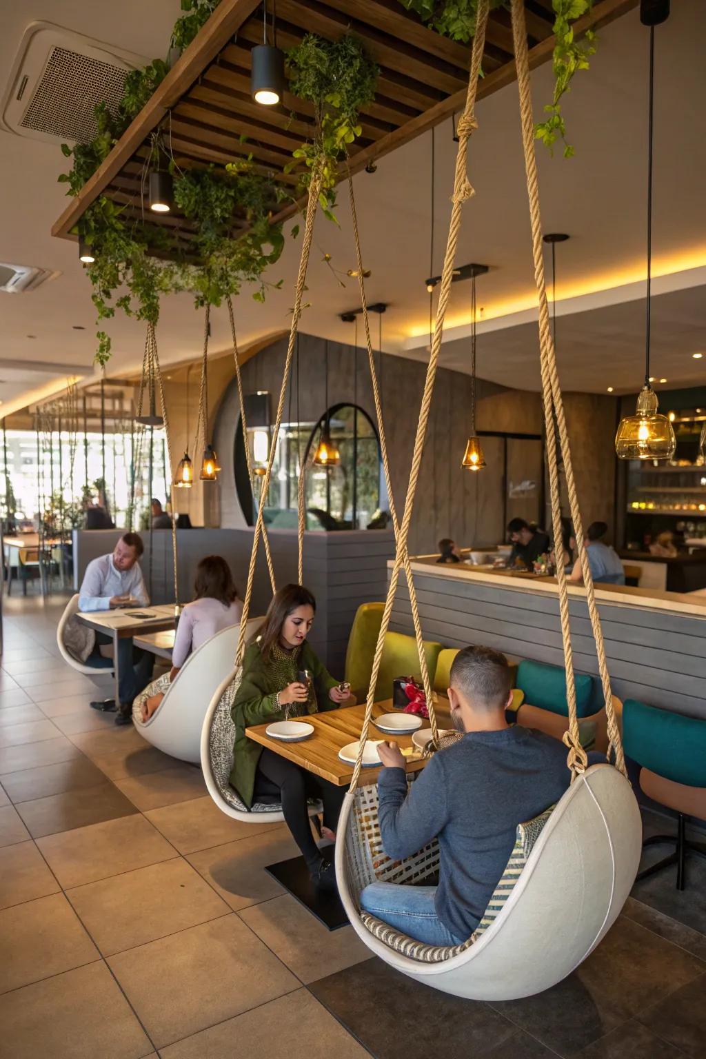 Creative seating arrangements shock and pleasure eatery visitors.