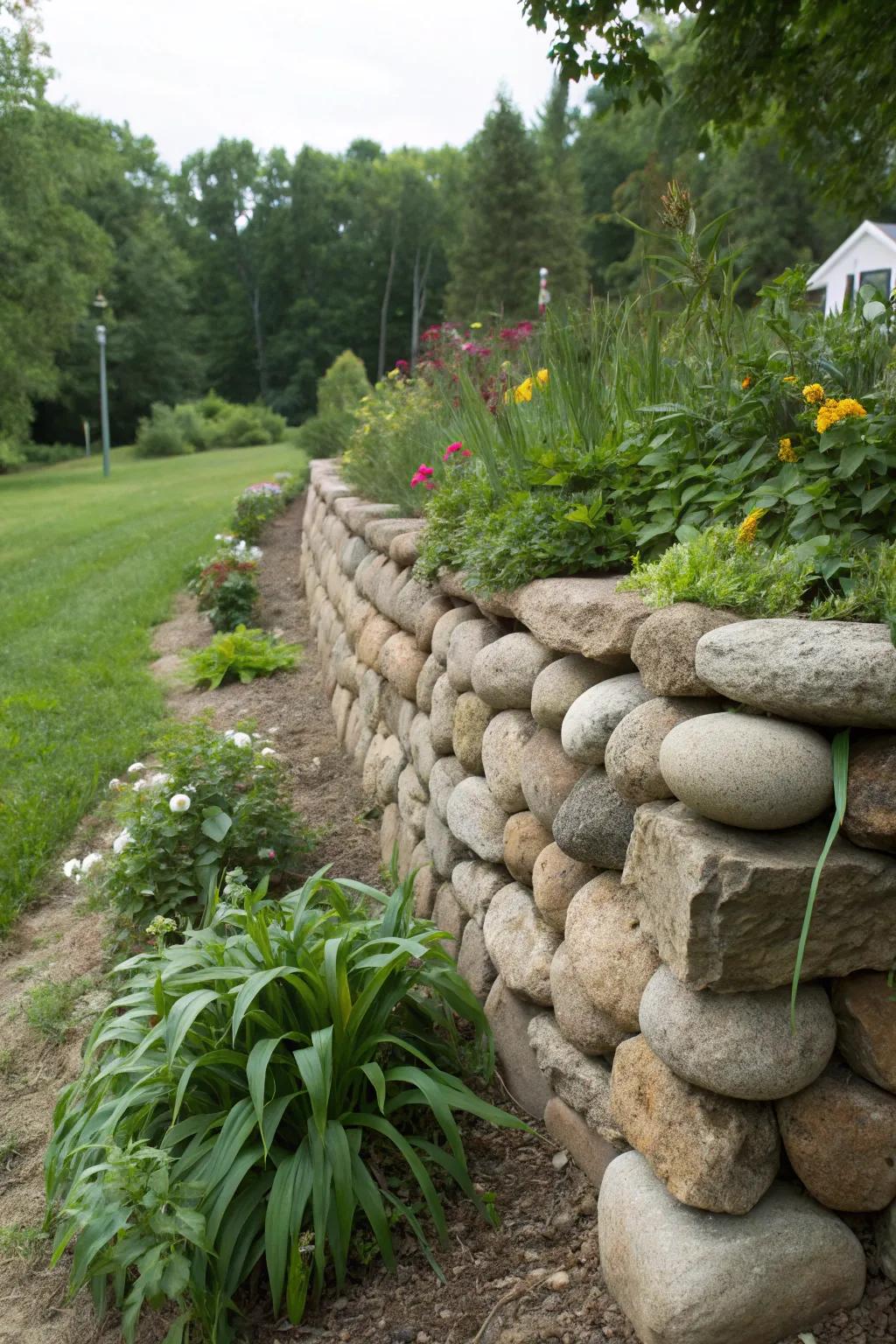 A stone shielding wall blends function using organic beauty in the grounds.