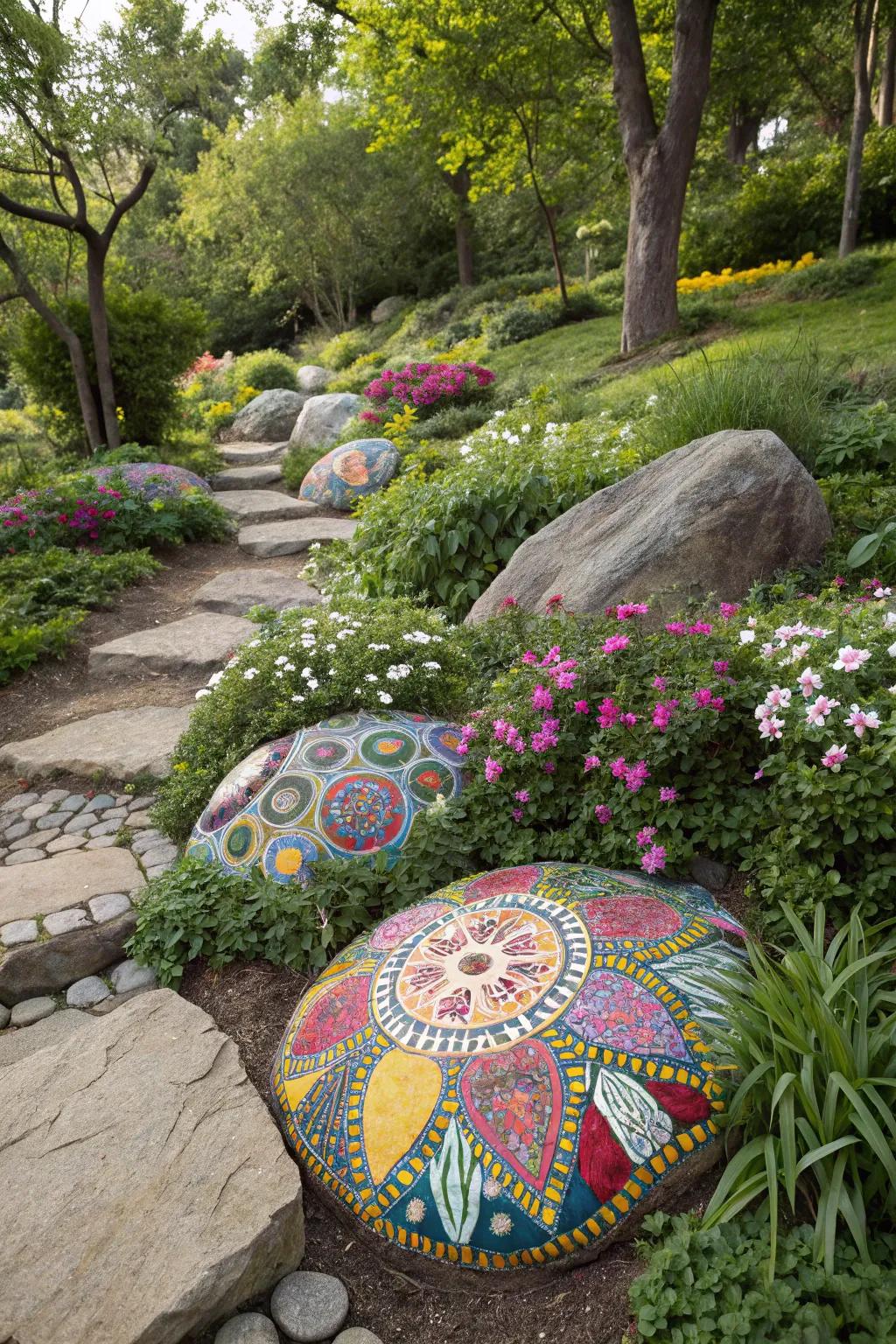 Stone mosaics provide a vibrant and artistic touch to the landscape.