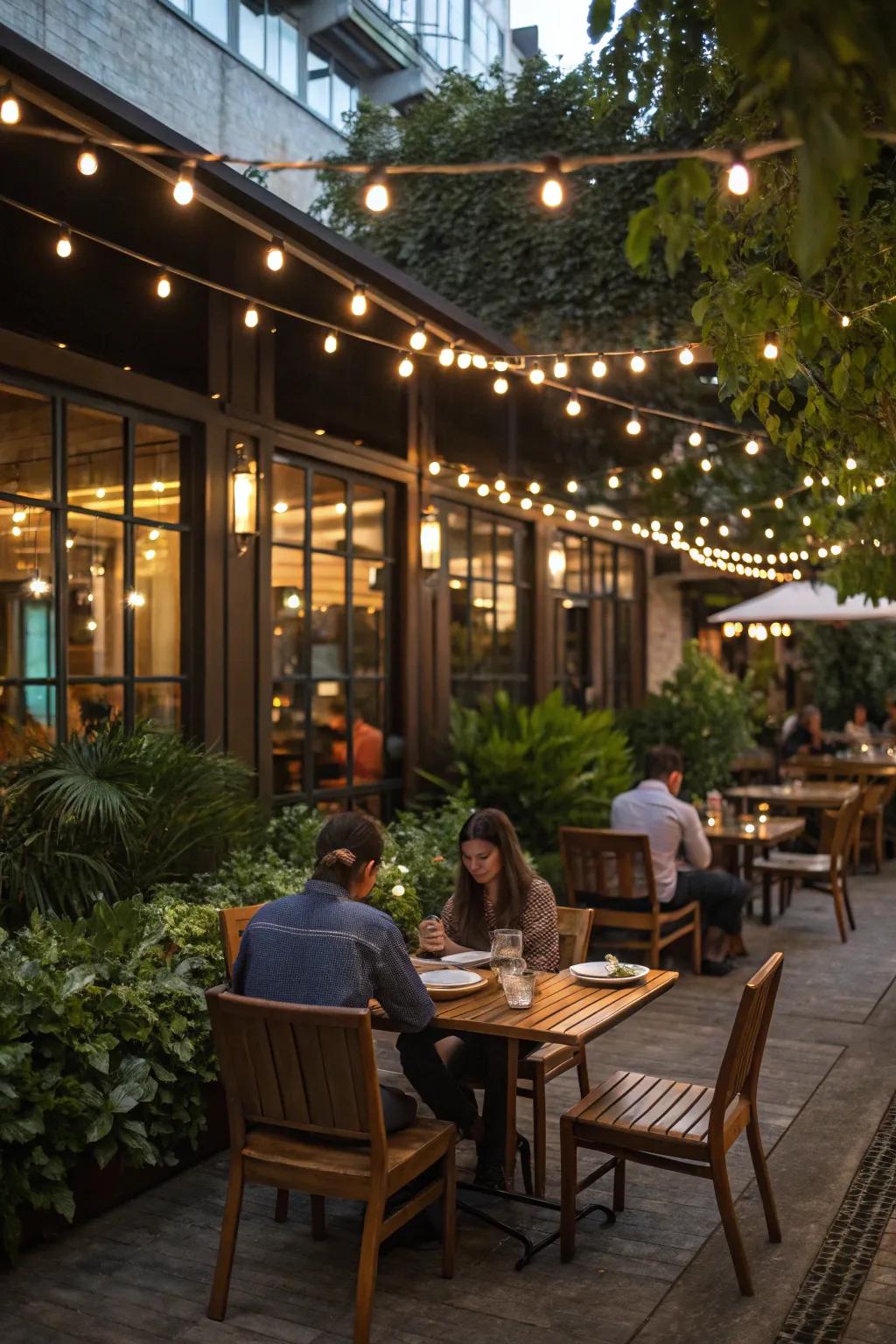 Set the mood for outdoor dining with overhead radiant strands.