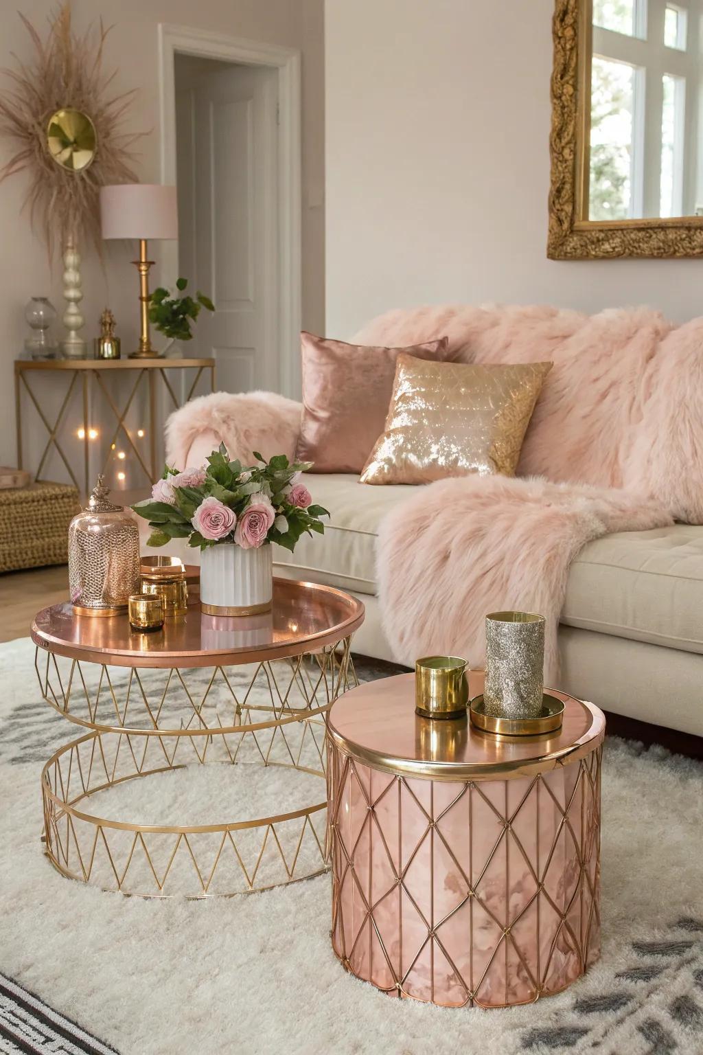Imitation fur and rose gold metallic tones craft a luxurious combination.