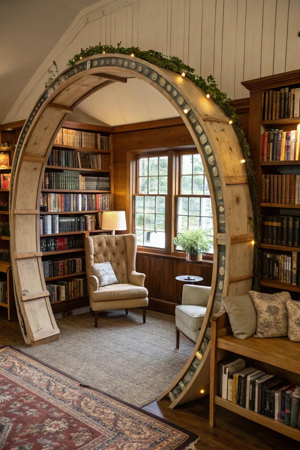 A book-themed gateway, ideal for literary enthusiasts and a hint of nostalgia.