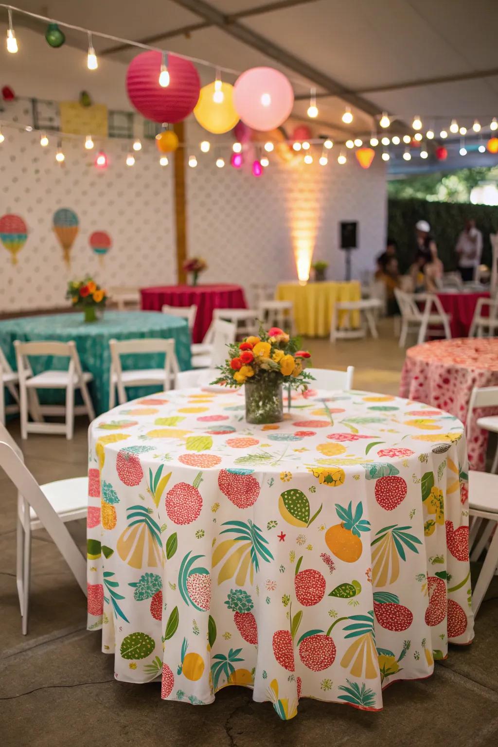 Playful patterned covering adding charm to a wedding.