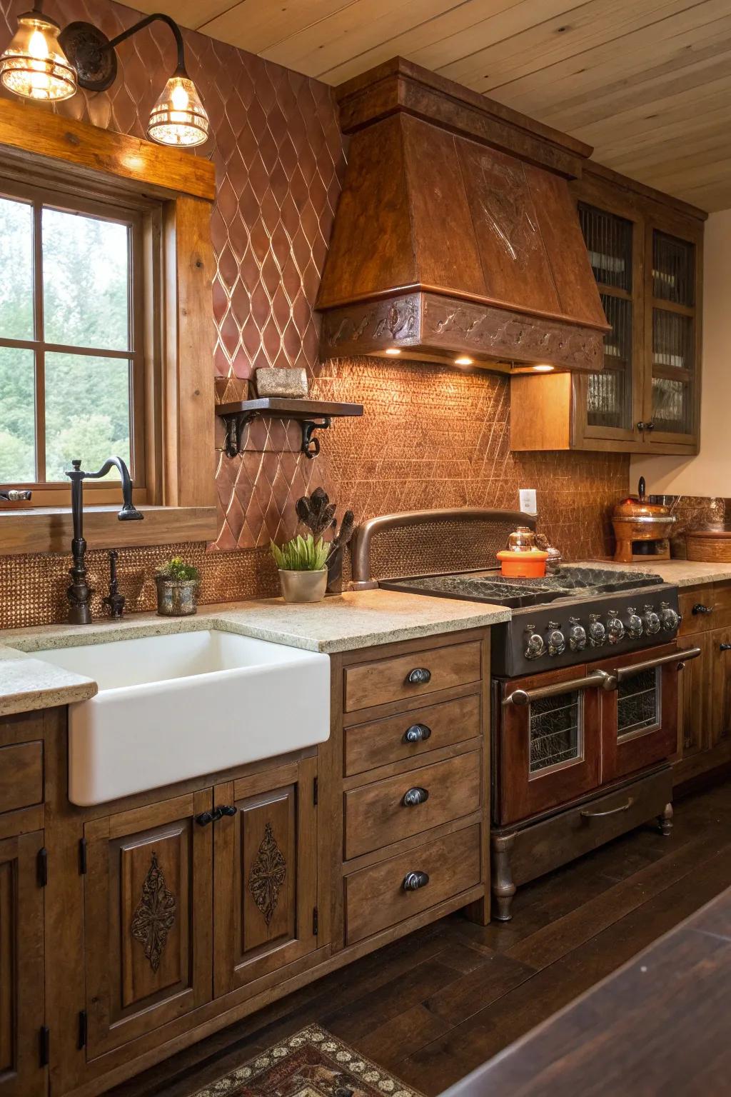 Bronze accents add warmth and luxury to the weathered kitchen.
