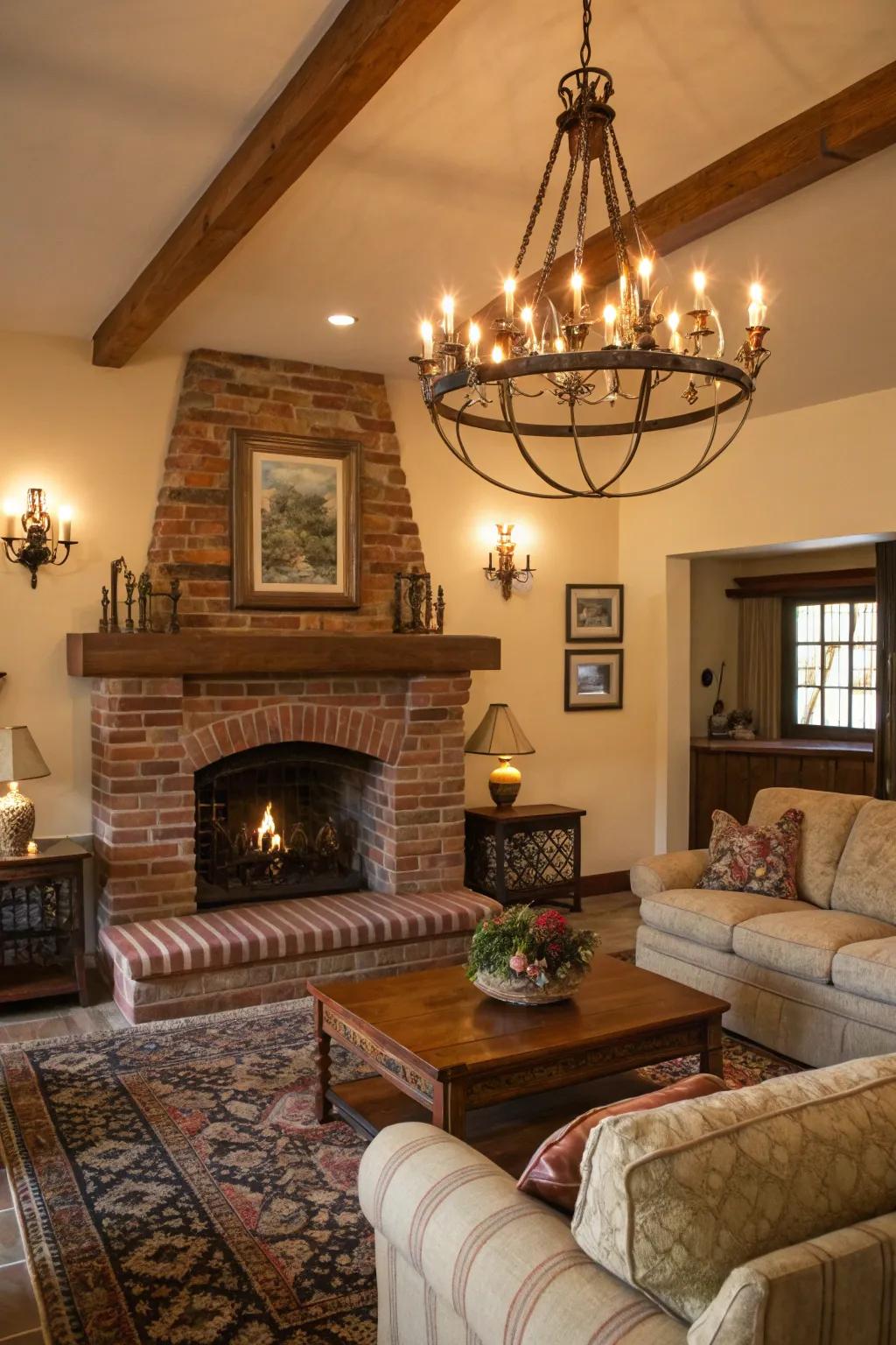 Country hanging lights enhancing the ambiance around your hearth.