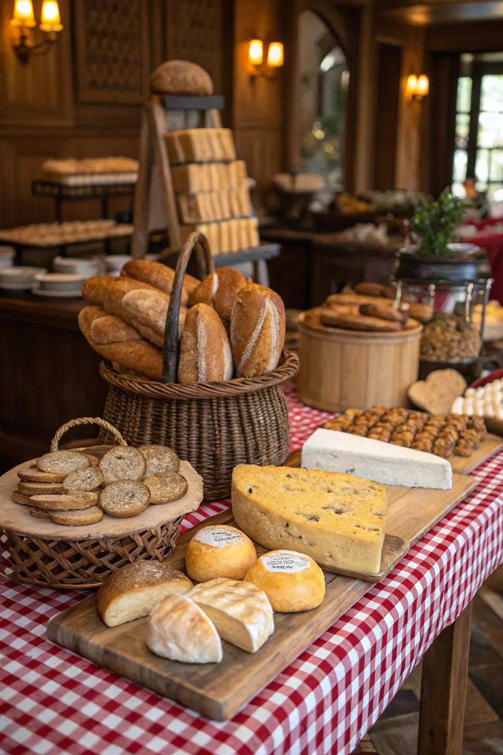 On the buffet desk, artisanal cheeses and breads are presented in a rustic manner.