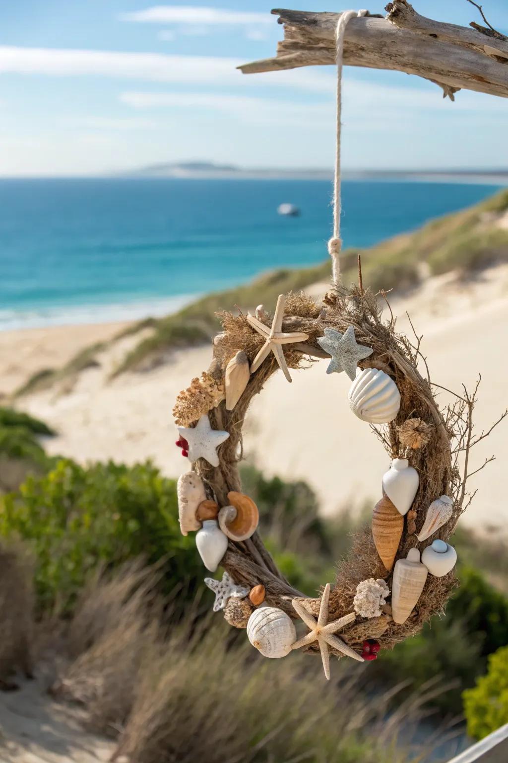 Seashells and driftwood create a coastal Christmas vibe.