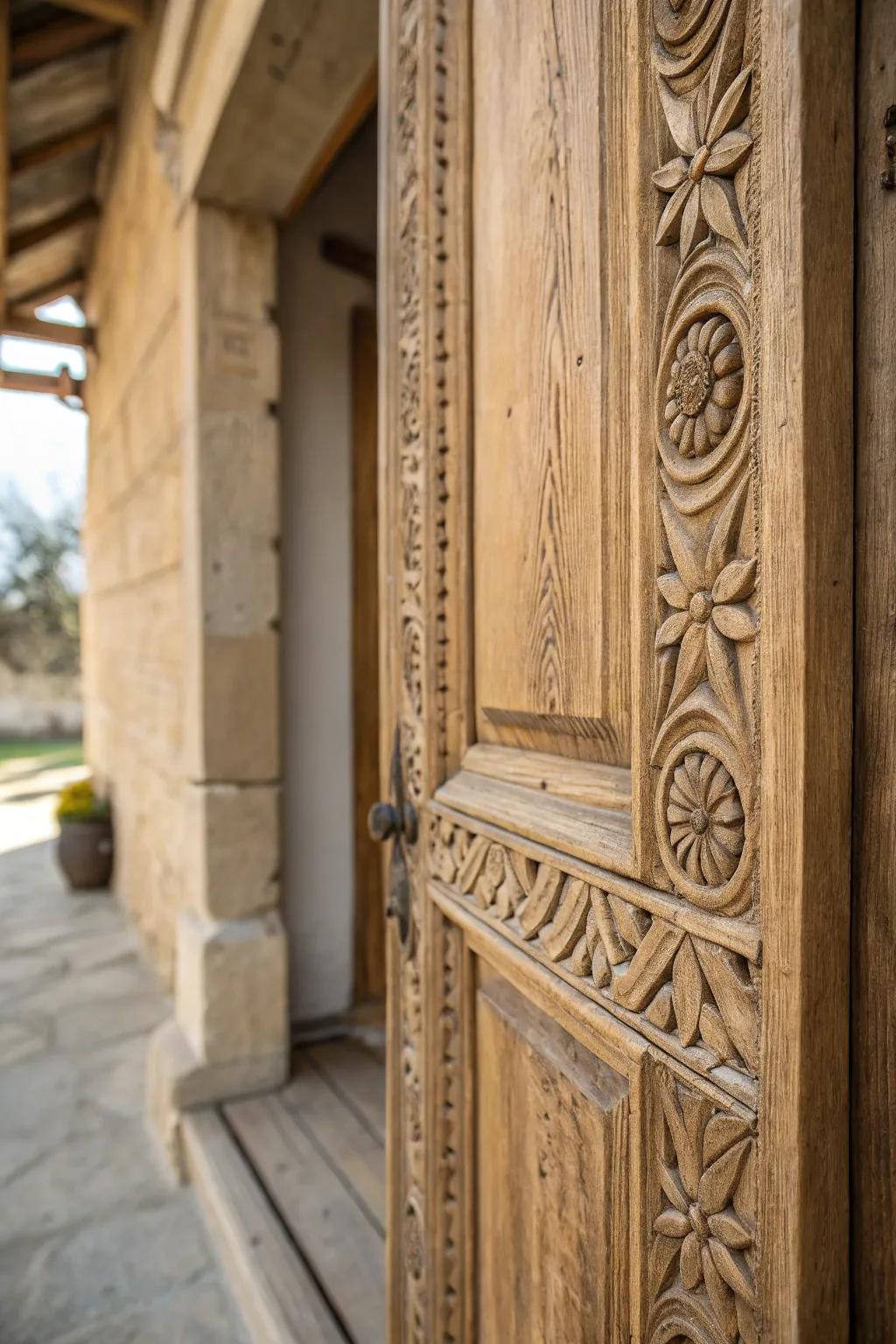 Intricate etchings inject artistry and personalization into rustic portals.
