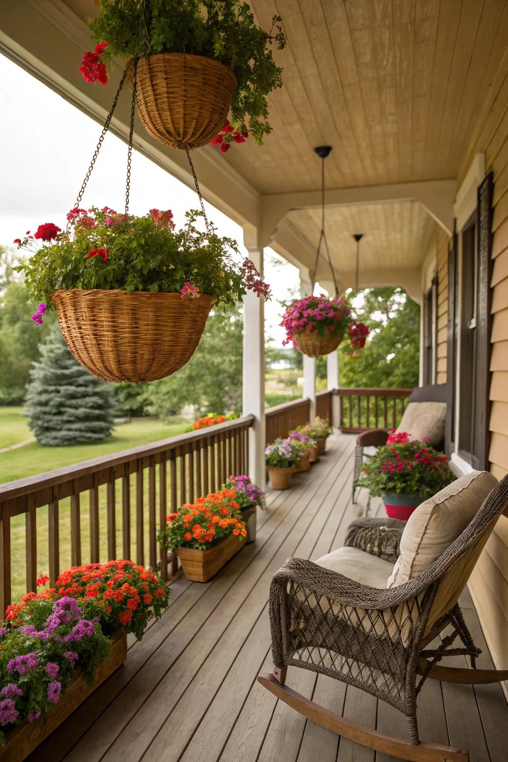 Hanging woven baskets add grace and whimsy to a rustic porch.