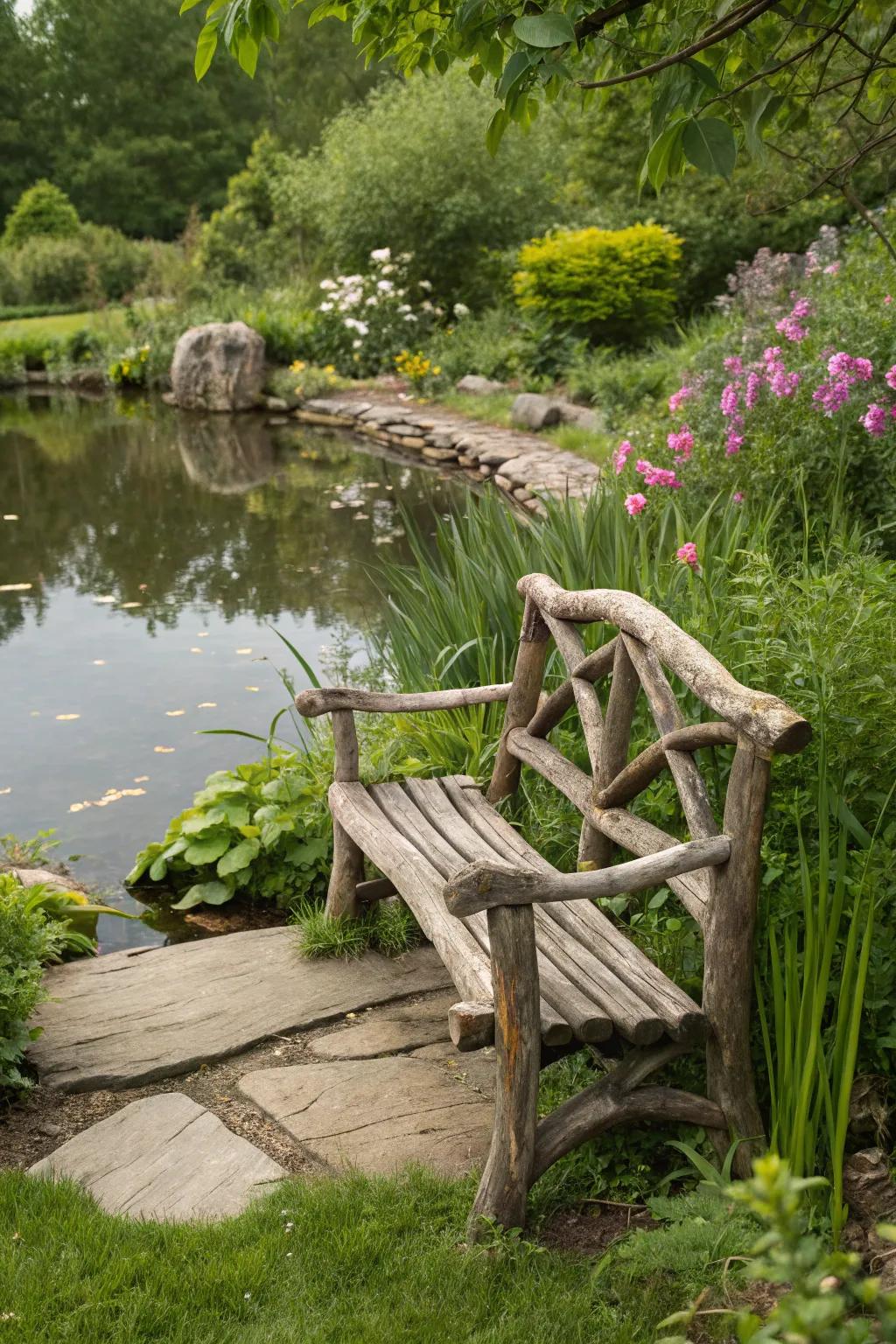 A garden seat created with shorewood, exuding coastal charm.