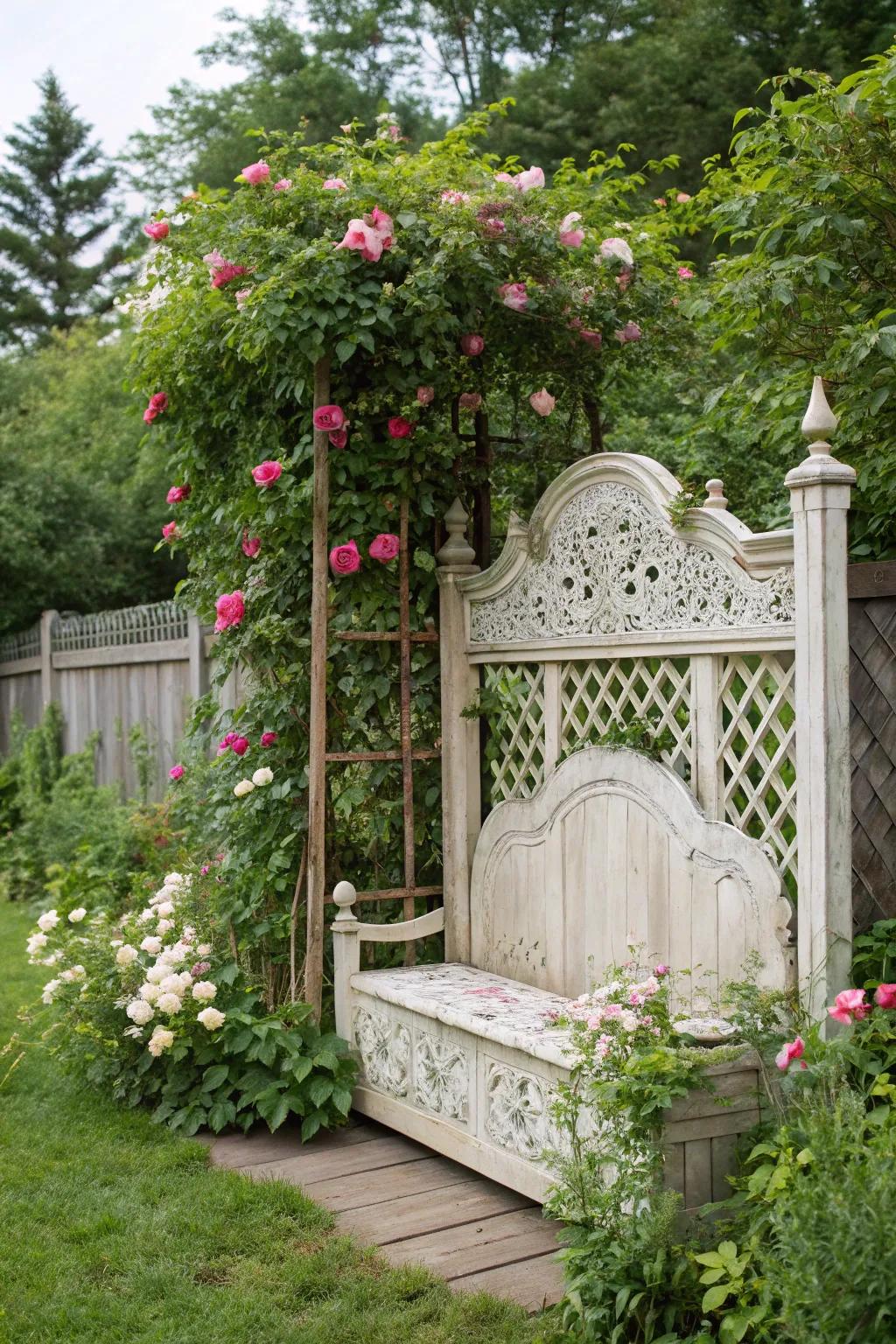An aged headboard repurposed as a garden climb support.