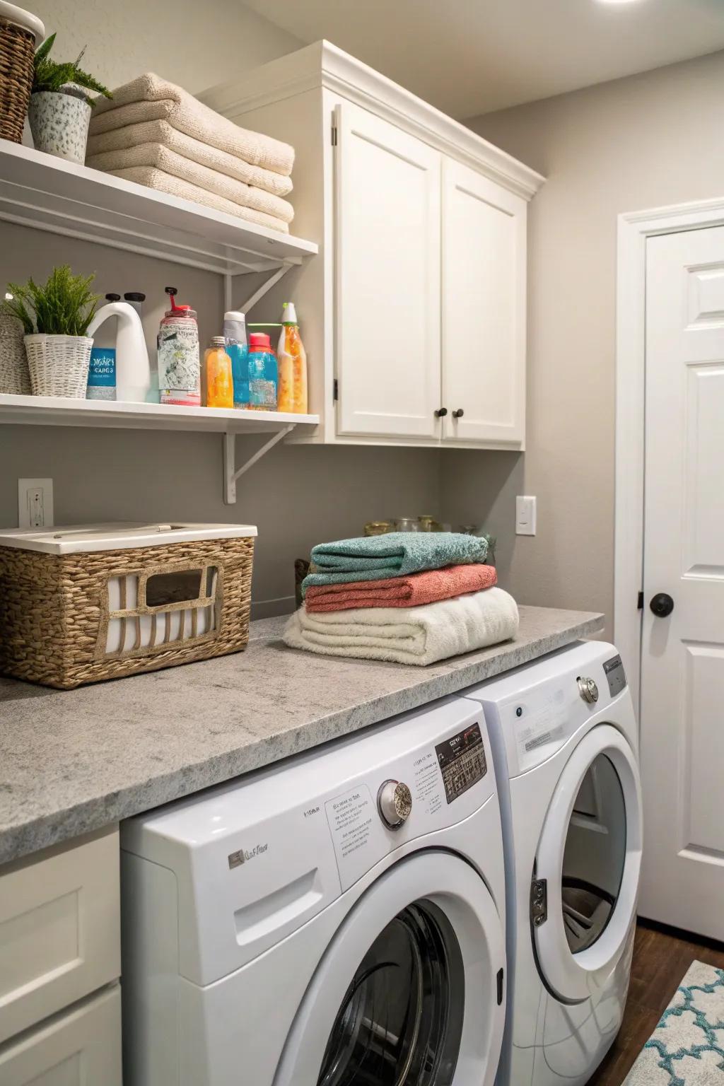 A counter across the washer and dryer introduces valuable workspace.