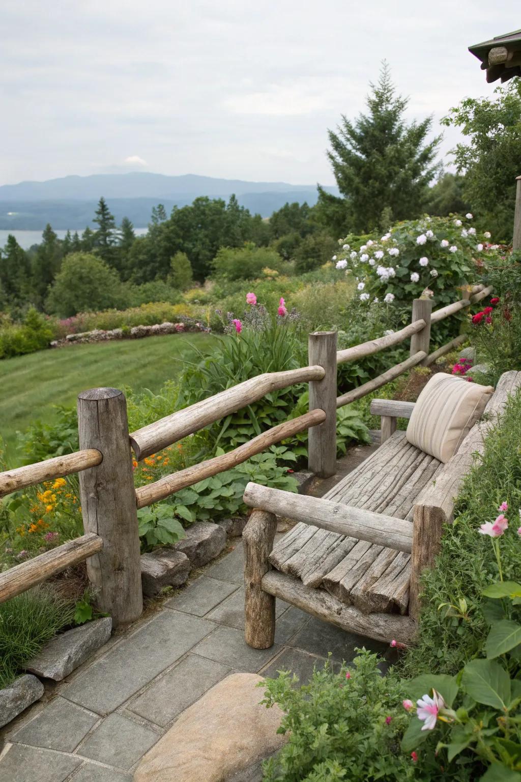 A seating area built into a log fence offers a peaceful spot to enjoy garden views.