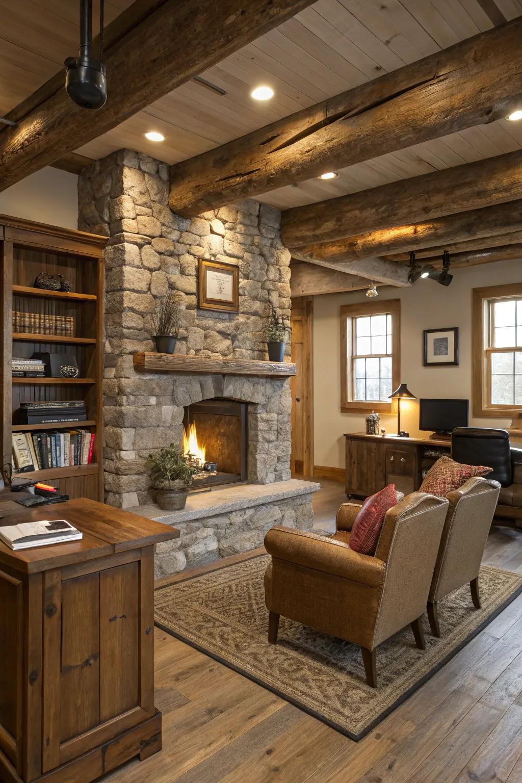 A country-style fireplace injects charm and heat into an office.
