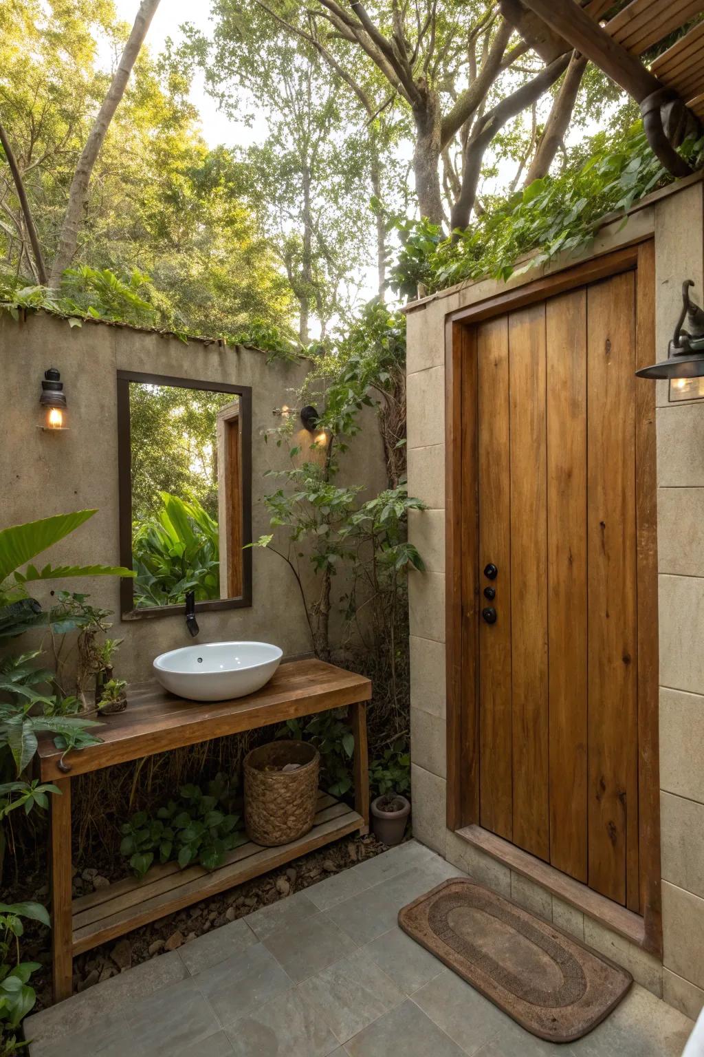 A standalone mirror adds elegance and reflects nature.