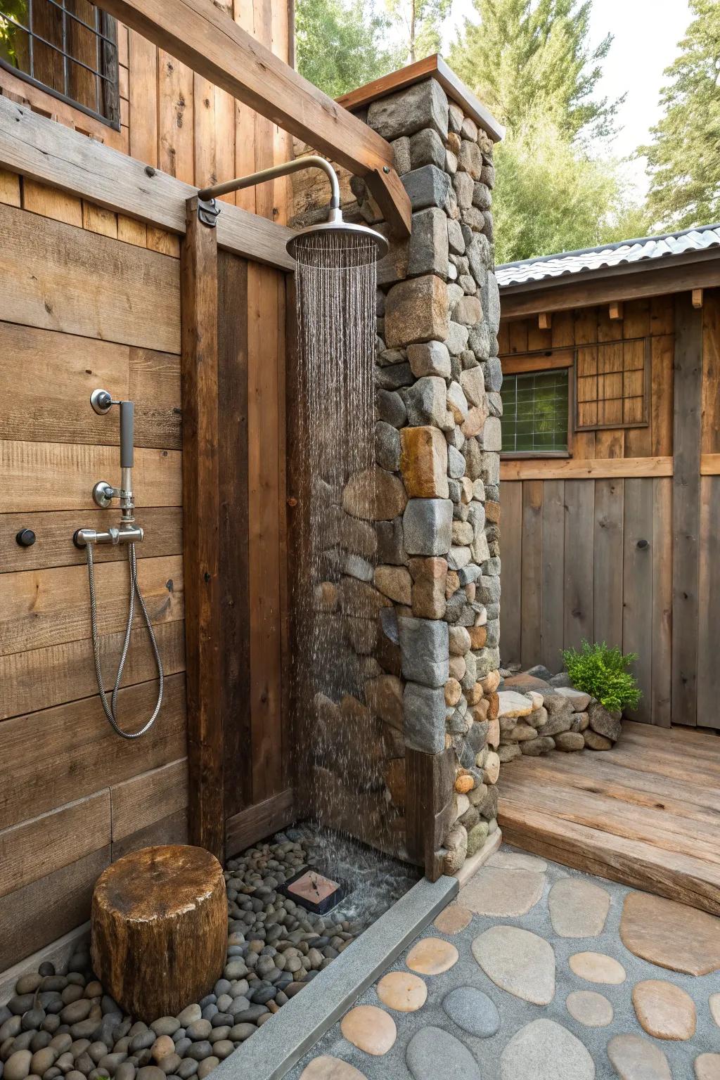 A shower design that integrates stone, timber, and metal to engender a dynamic visual impression.