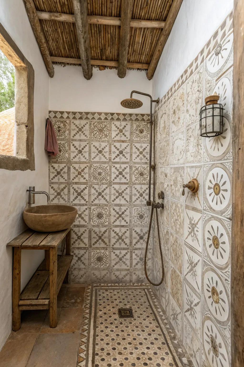 Patterned concrete tiling begets a striking and distinctive element in the shower space.