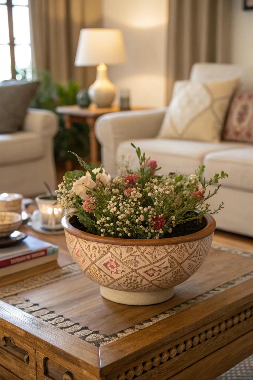 Hand-fashioned porcelain bowls add singular countryside flair to arrangements.