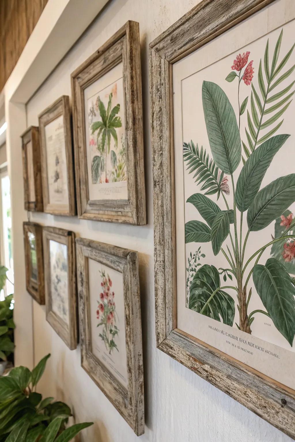 Flower prints in countryside frames inject a hint of nature indoors.