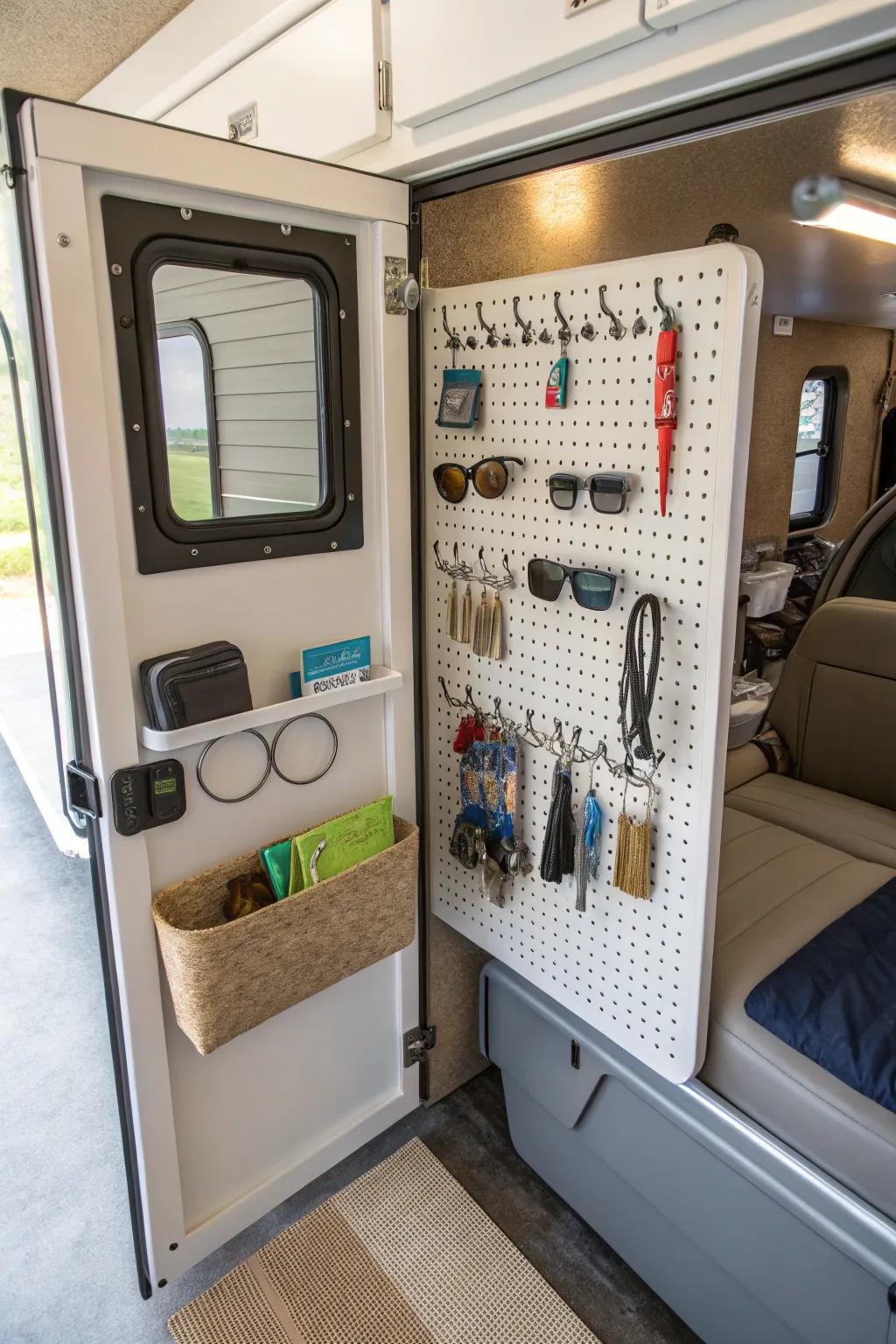 Pegboard panels offer versatile storage for accessories.