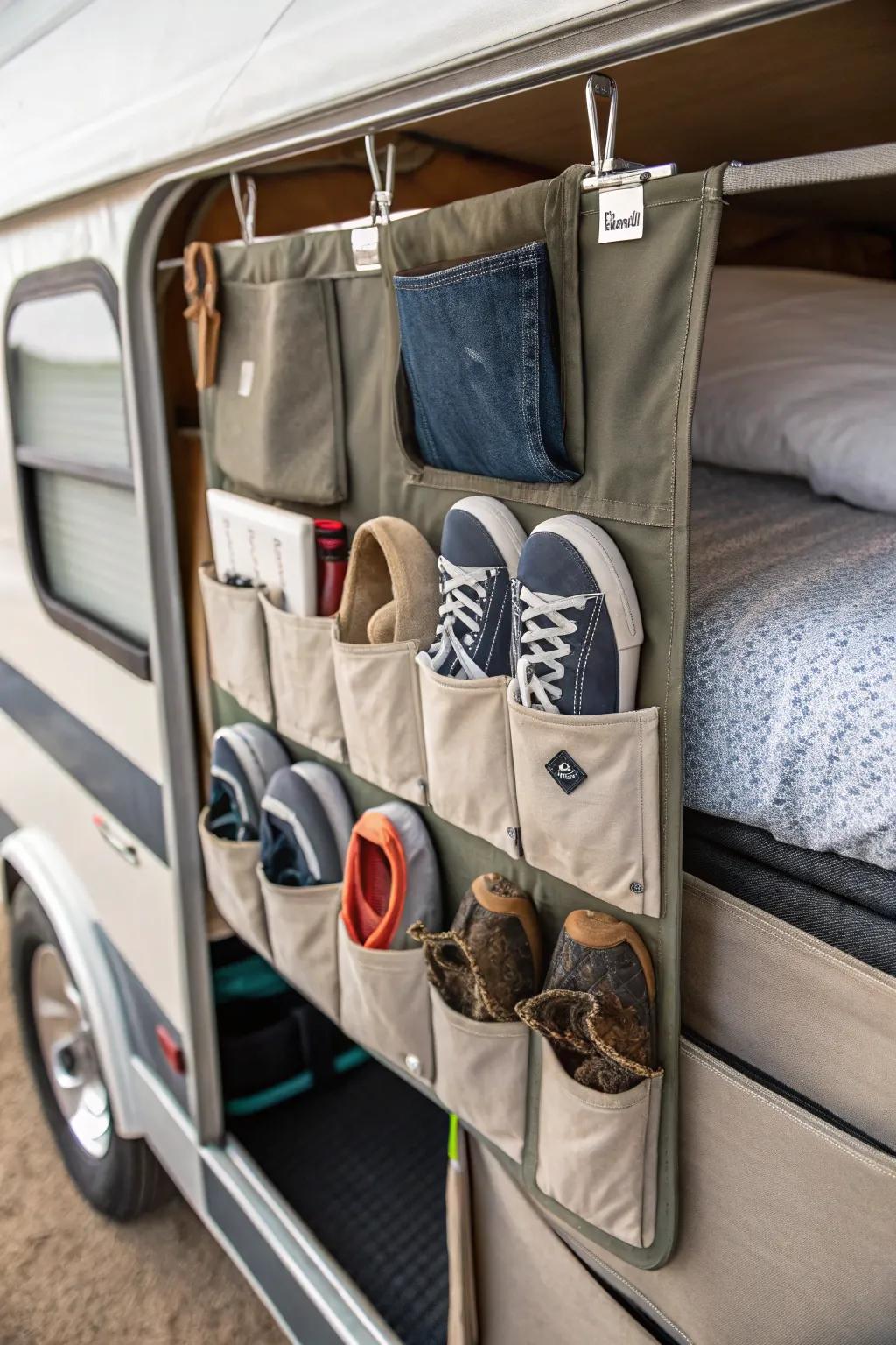 Sneak in shoe stash using bed frame pouches.
