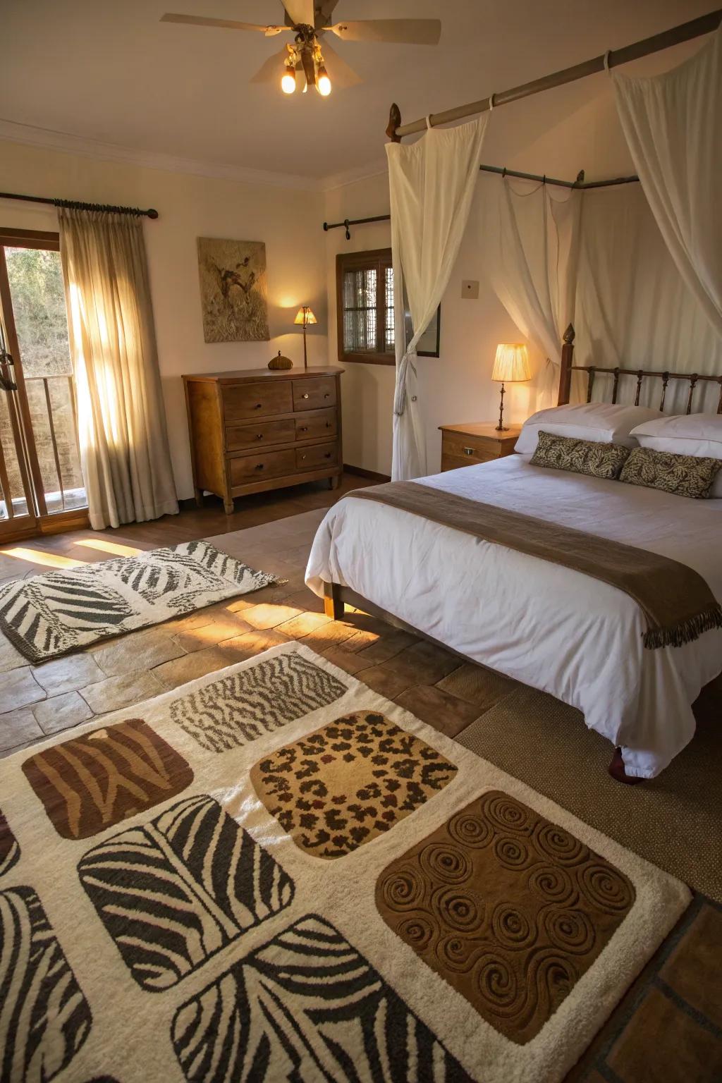 Safari-inspired floor coverings anchor and unify the room's design.