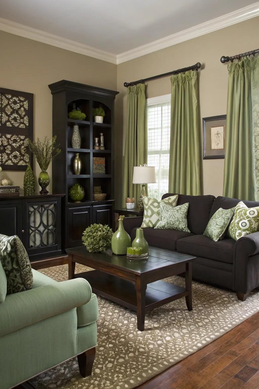 Strong contrasts bring lively flair to a sage green living area.