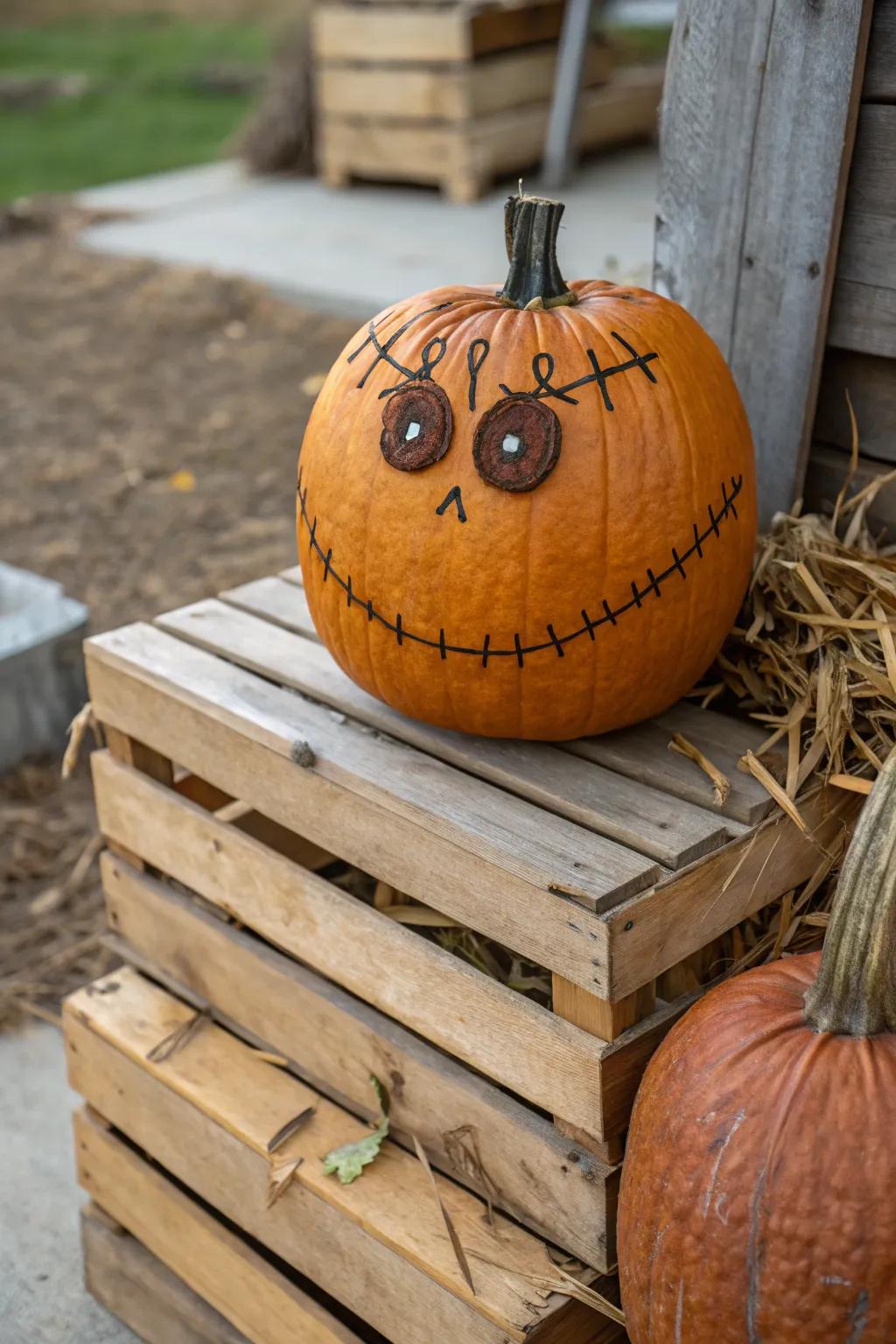 Rustic nail eyes give an edgy twist to this scarecrow pumpkin.