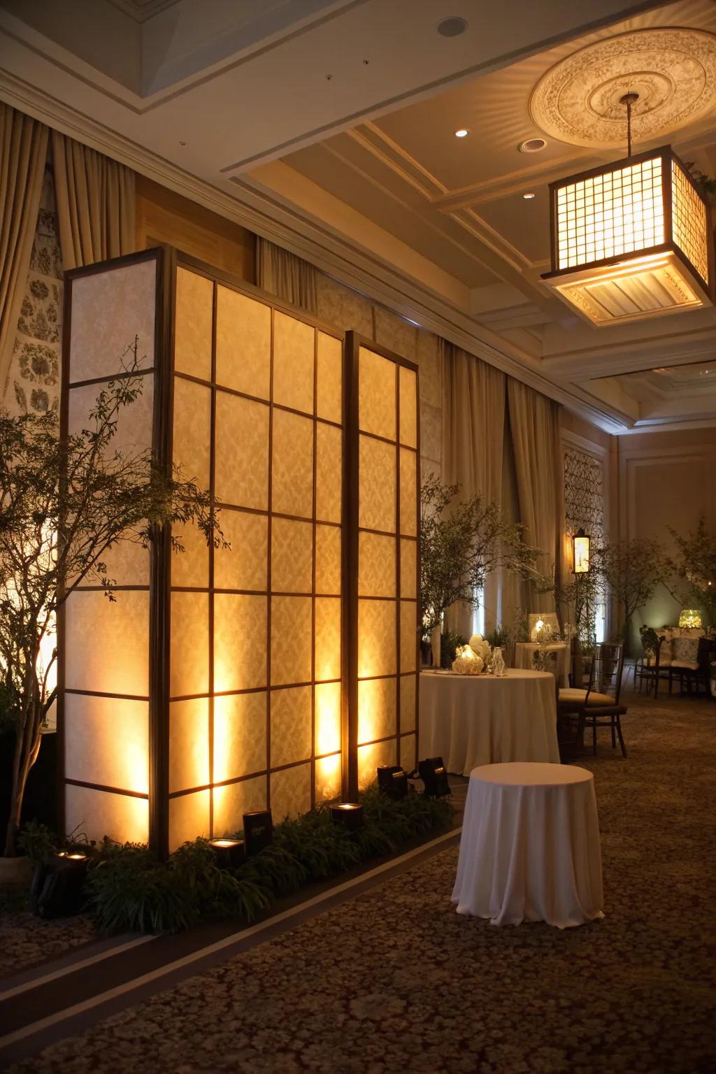 Backlit screen walls inject a magical radiance to decor.