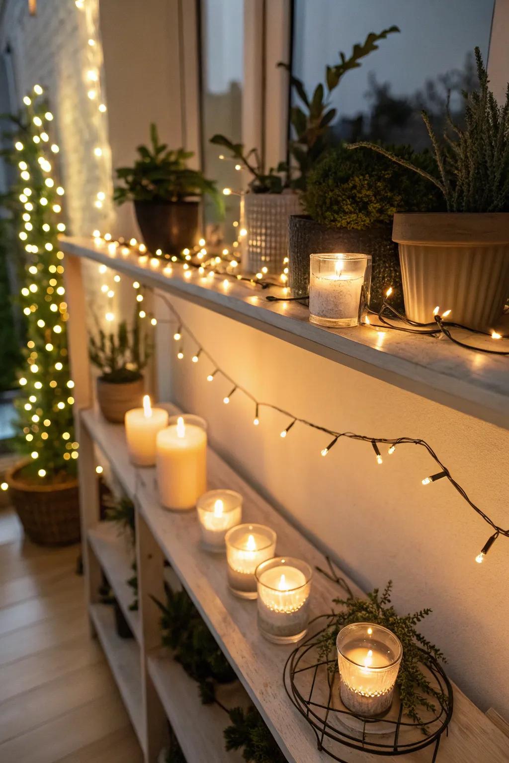 Bright lights and candles add warmth and atmosphere to the shelf.