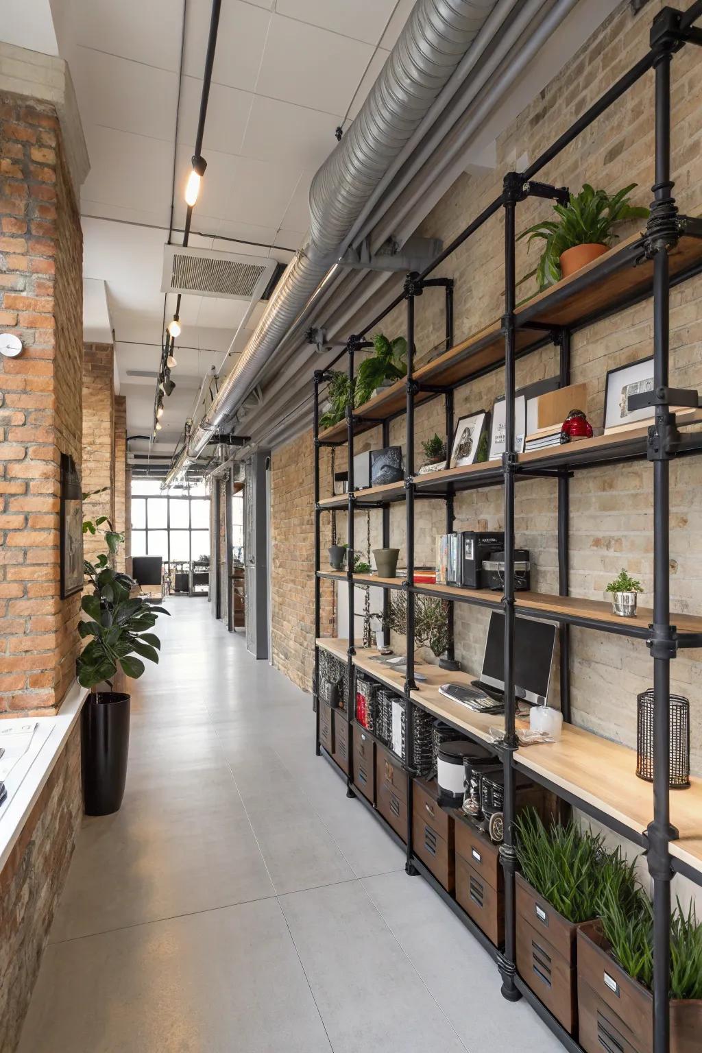 Workspace featuring pipe shelves for an industry grade vibe.