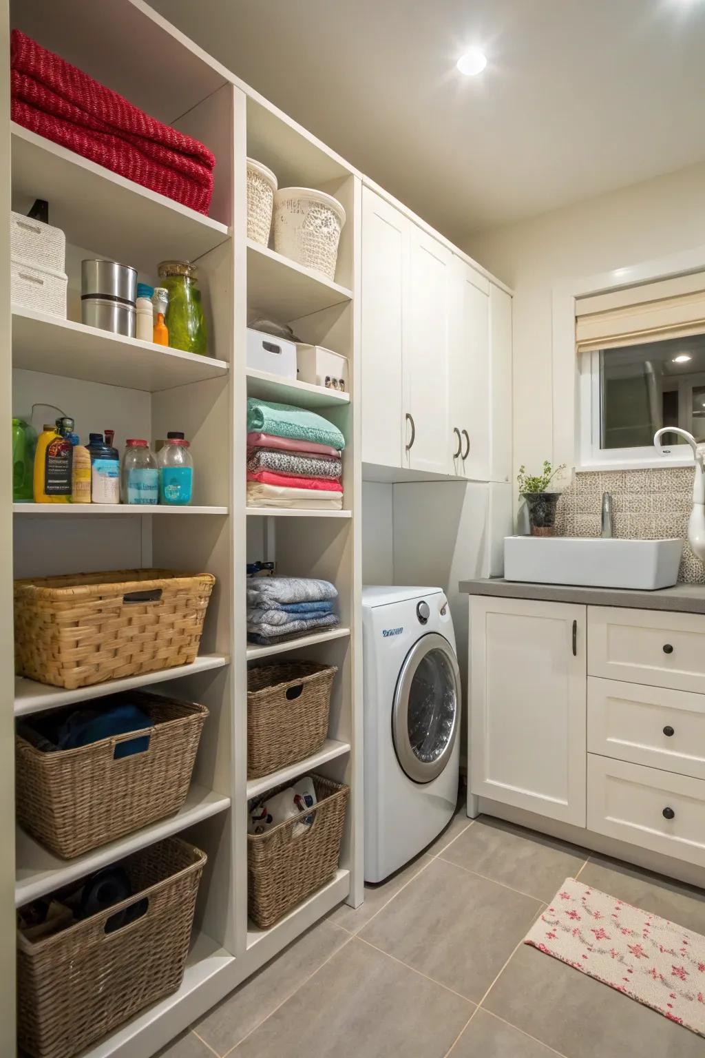 Shelving is used as a divider in a utility area to create distinct areas for various activities.